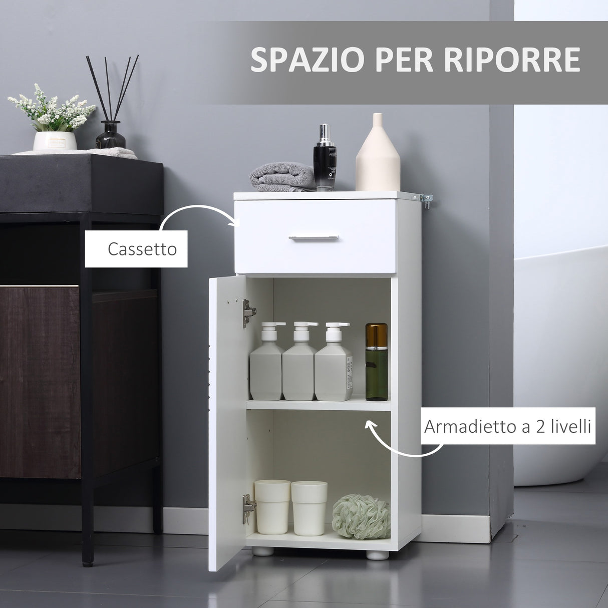 easycomfort easycomfort mobile bagno in legno con cassetto e armadietto 1 anta con mensole 35x30x77.5cm