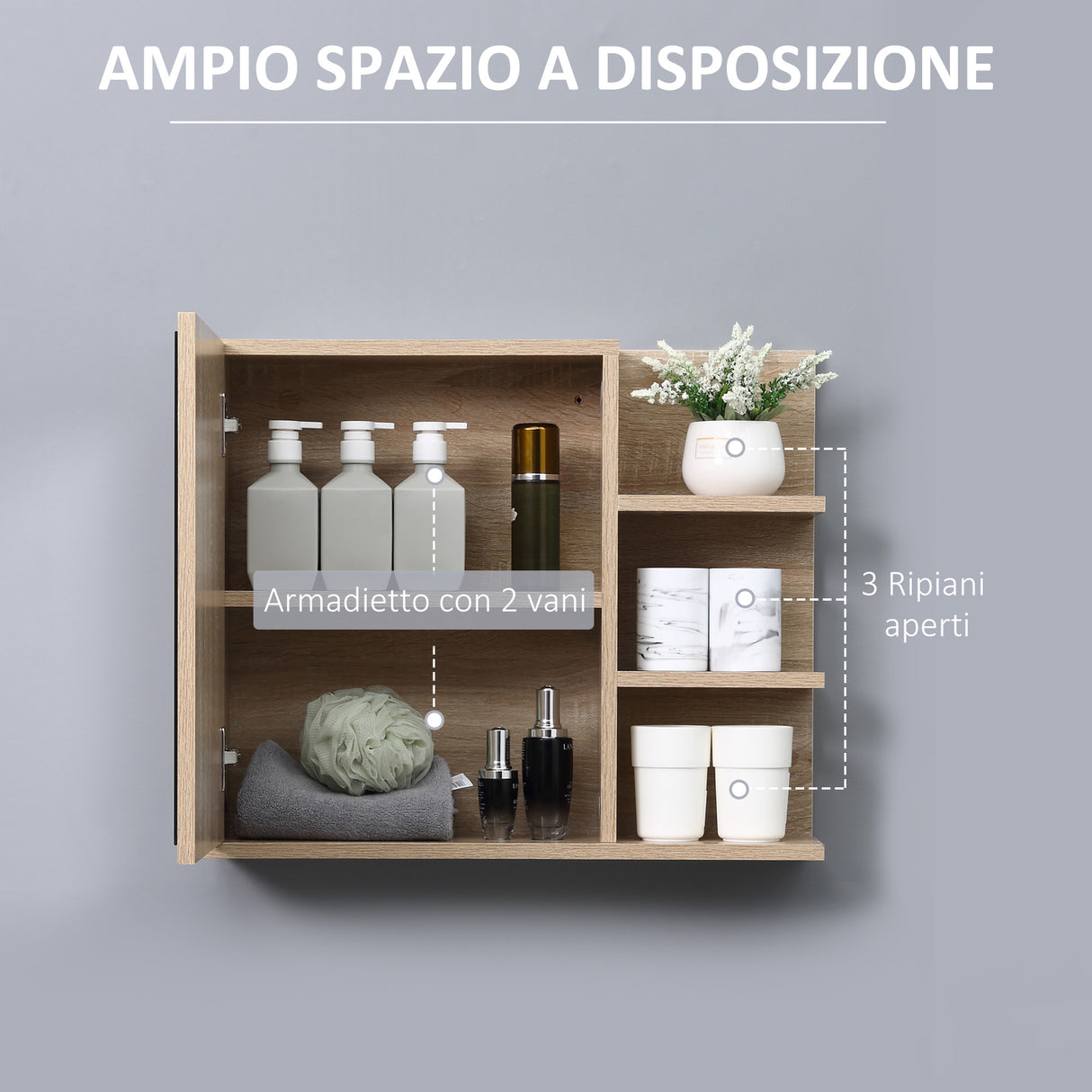 easycomfort easycomfort specchiera bagno a parete con anta e 3 ripiani laterali in legno 60x18x50cm