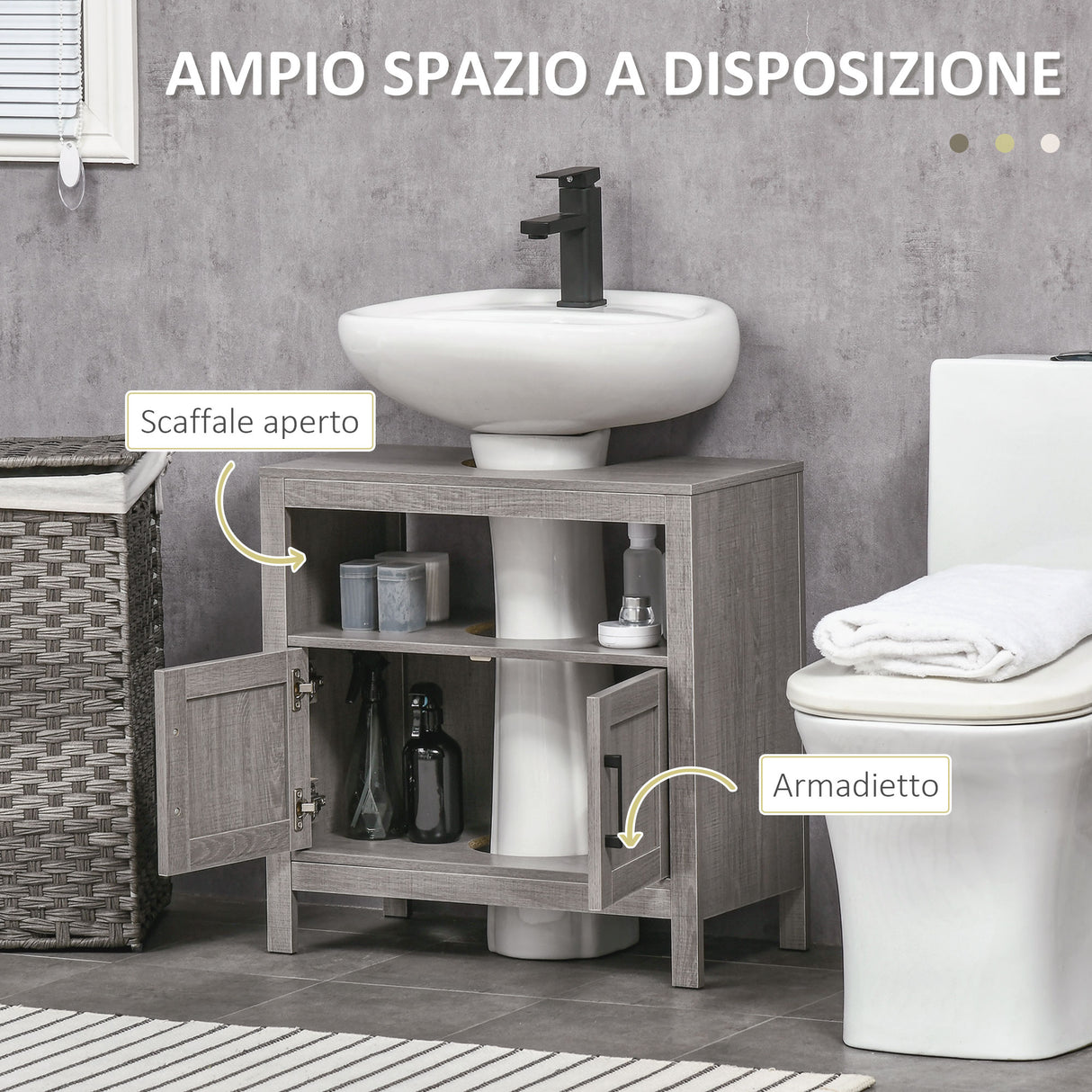 easycomfort easycomfort mobile sottolavabo con armadietto a 2 ante e ripiani in legno 60x30x60cm grigio