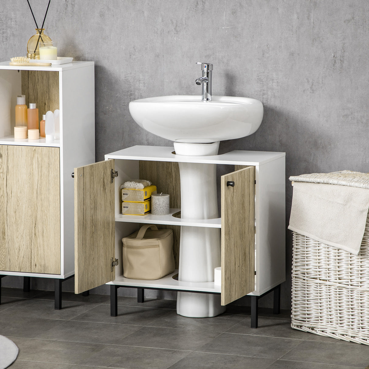 easycomfort easycomfort mobile bagno sotto lavabo a 2 ante con ripiano interno in truciolato e acciaio 60x30x60 cm bianco e rovere