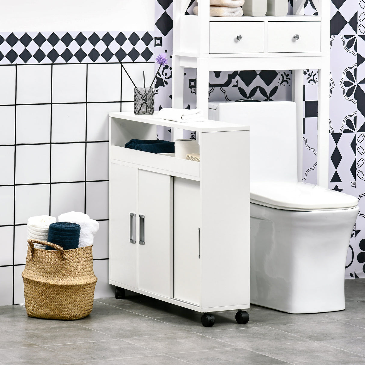 easycomfort easycomfort mobiletto bagno con porte scorrevoli ripiano regolabile e 4 ruote in truciolato e lega di alluminio 70x20x71cm bianco