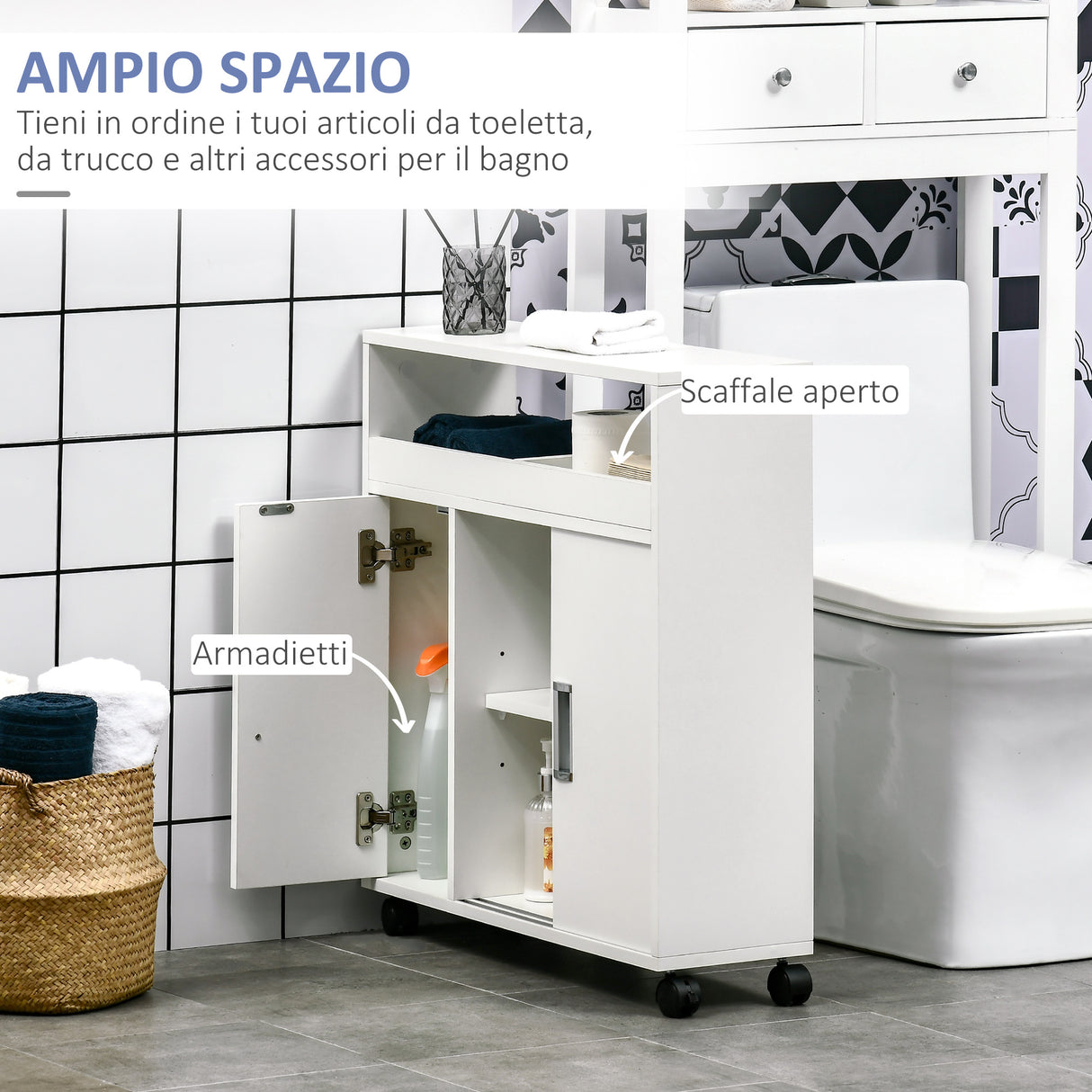 easycomfort easycomfort mobiletto bagno con porte scorrevoli ripiano regolabile e 4 ruote in truciolato e lega di alluminio 70x20x71cm bianco