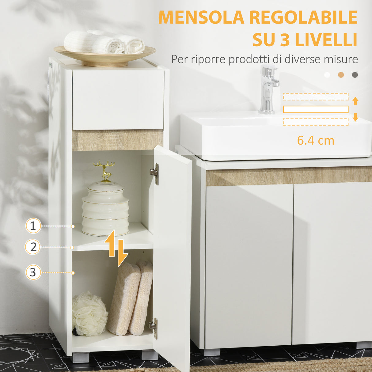 easycomfort easycomfort mobiletto bagno con cassetto e armadietto con mensola regolabile in legno 30x33x88cm bianco