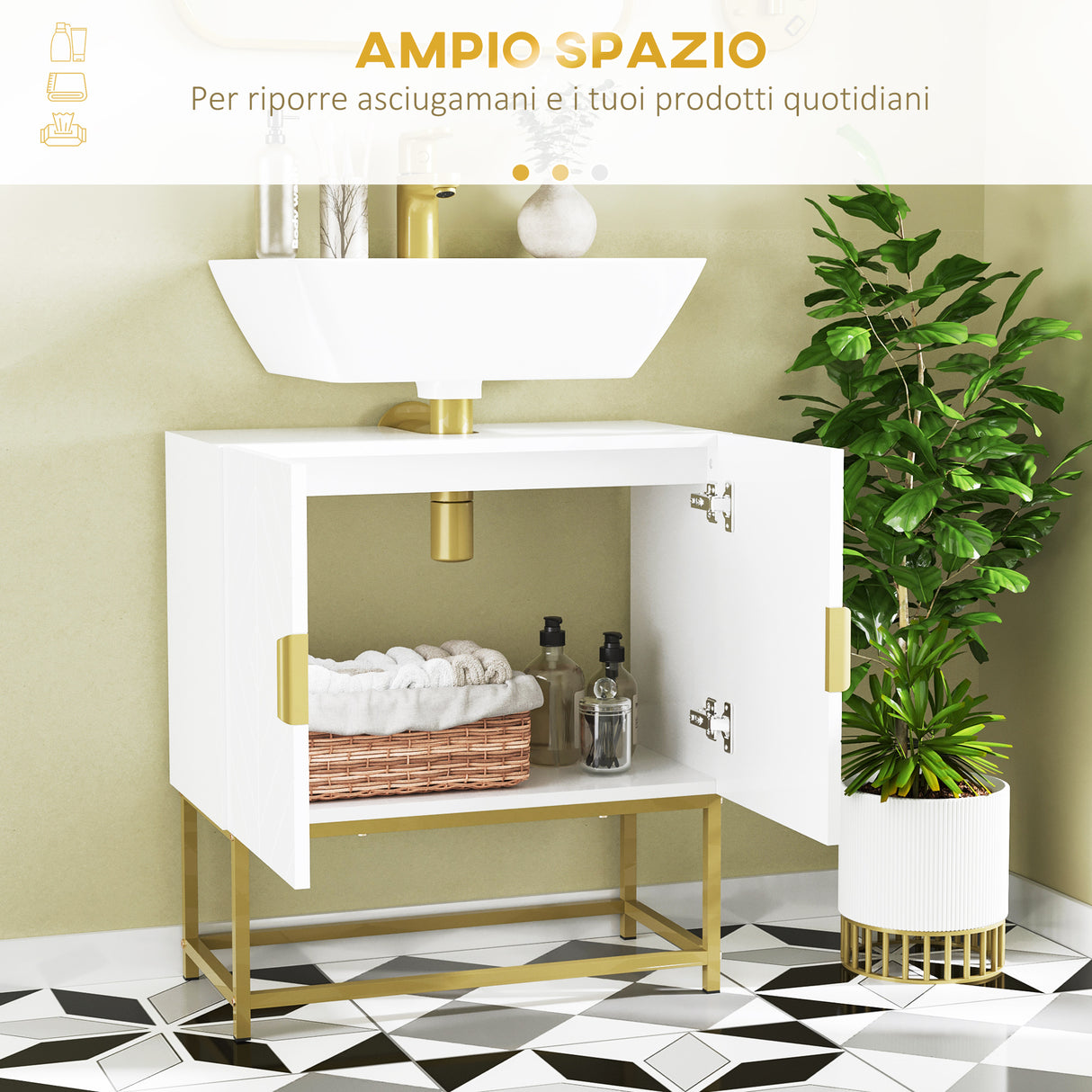 easycomfort easycomfort mobile bagno sottolavabo con armadietto 2 ante in legno e acciaio 60x30x65cm bianco e oro