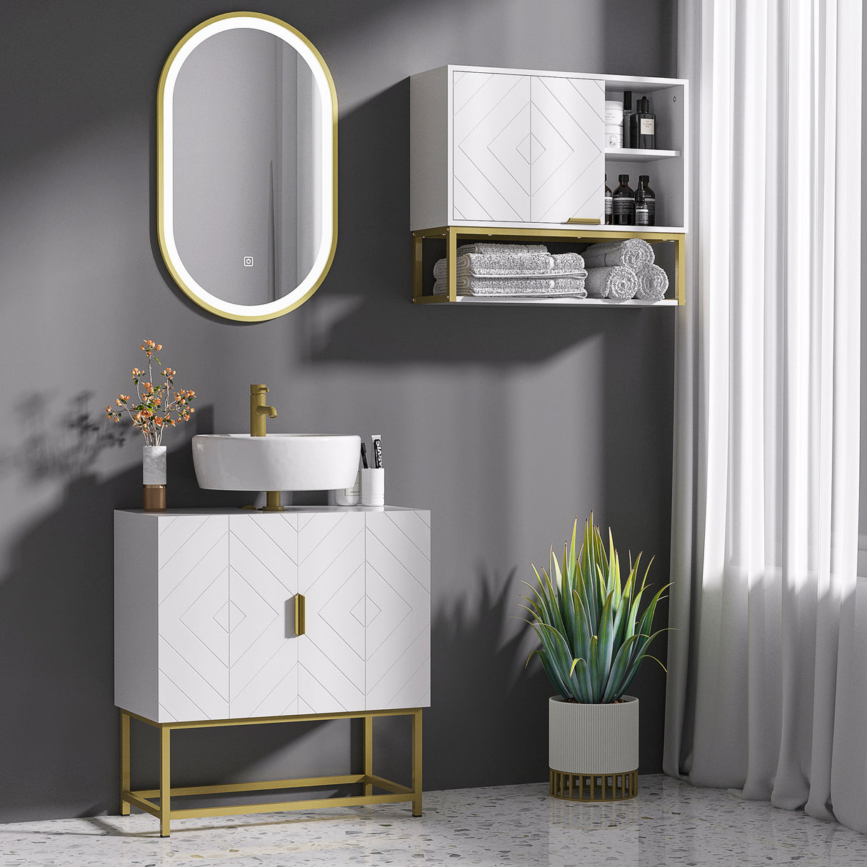 easycomfort easycomfort mobile bagno sottolavabo con armadietto 2 ante in legno e acciaio 60x30x65cm bianco e oro