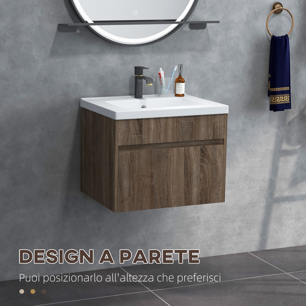 easycomfort easycomfort mobile lavabo da 60cm con cassetto in legno e lavandino in ceramica marrone chiaro