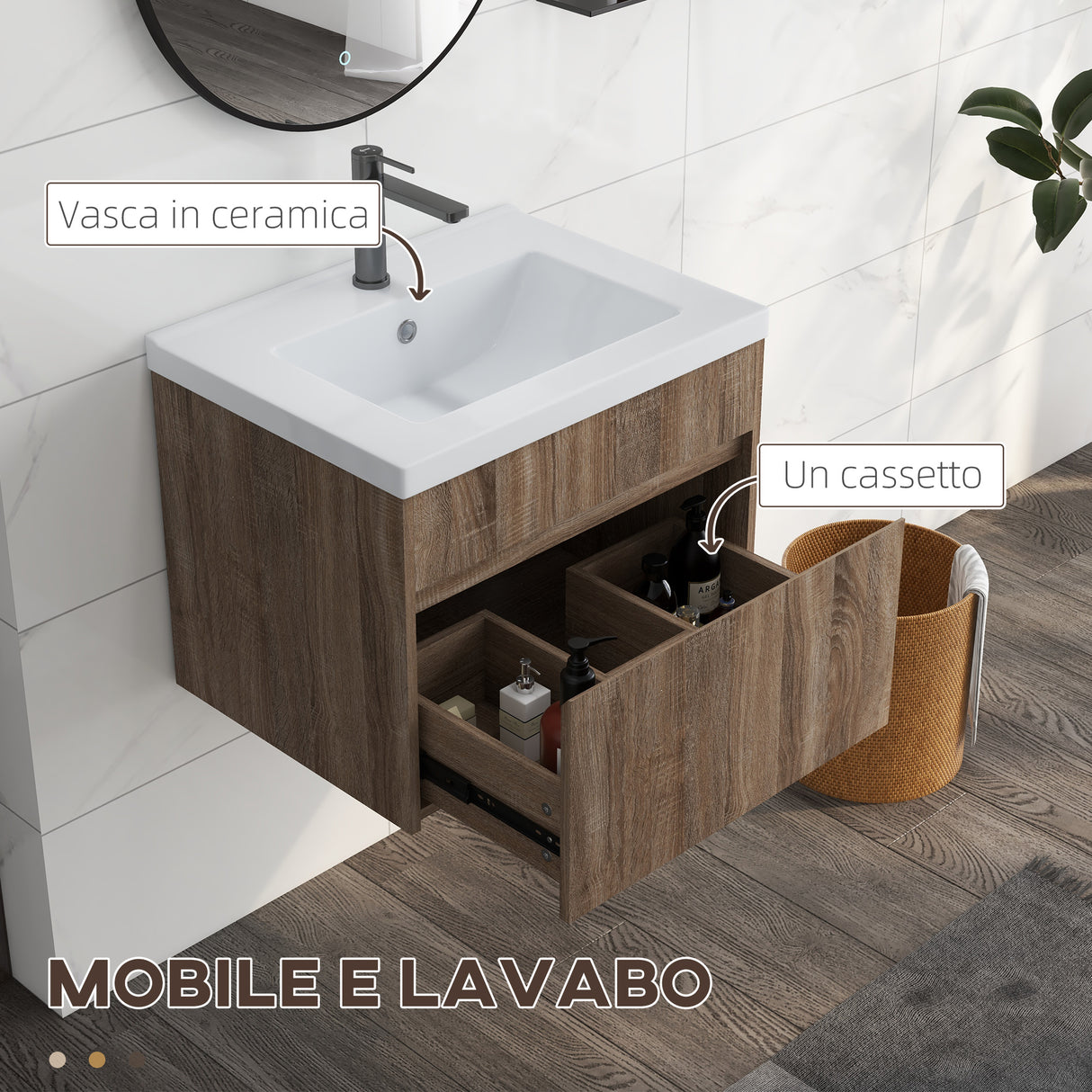 easycomfort easycomfort mobile lavabo da 60cm con cassetto in legno e lavandino in ceramica marrone chiaro