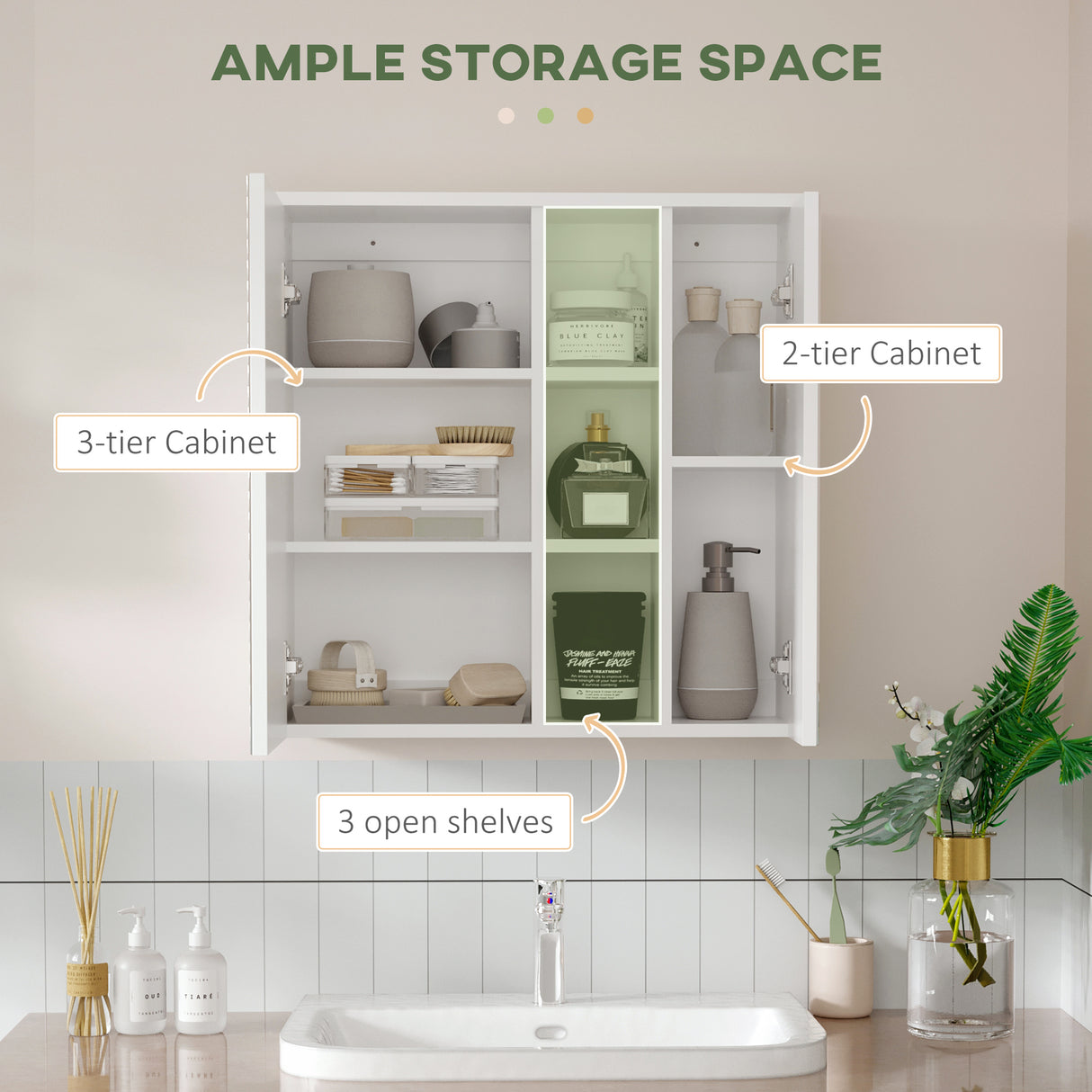 easycomfort easycomfort armadietto specchiera bagno 2 ante con ripiani aperti e mensole regolabili 60x20x61cm bianco