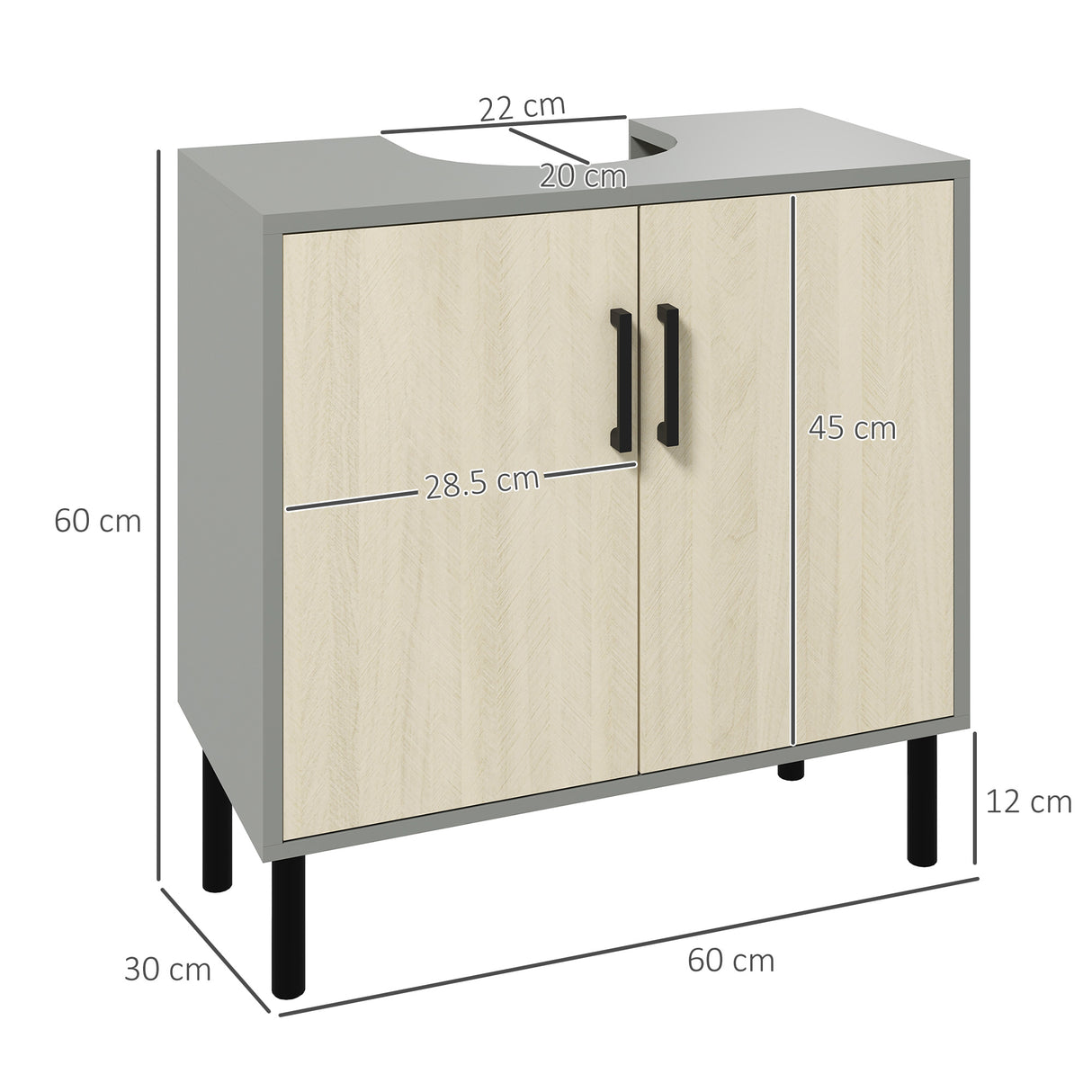 easycomfort easycomfort mobile bagno sottolavabo con doppia anta e ripiano in truciolato 60x30x60cm grigio e color quercia
