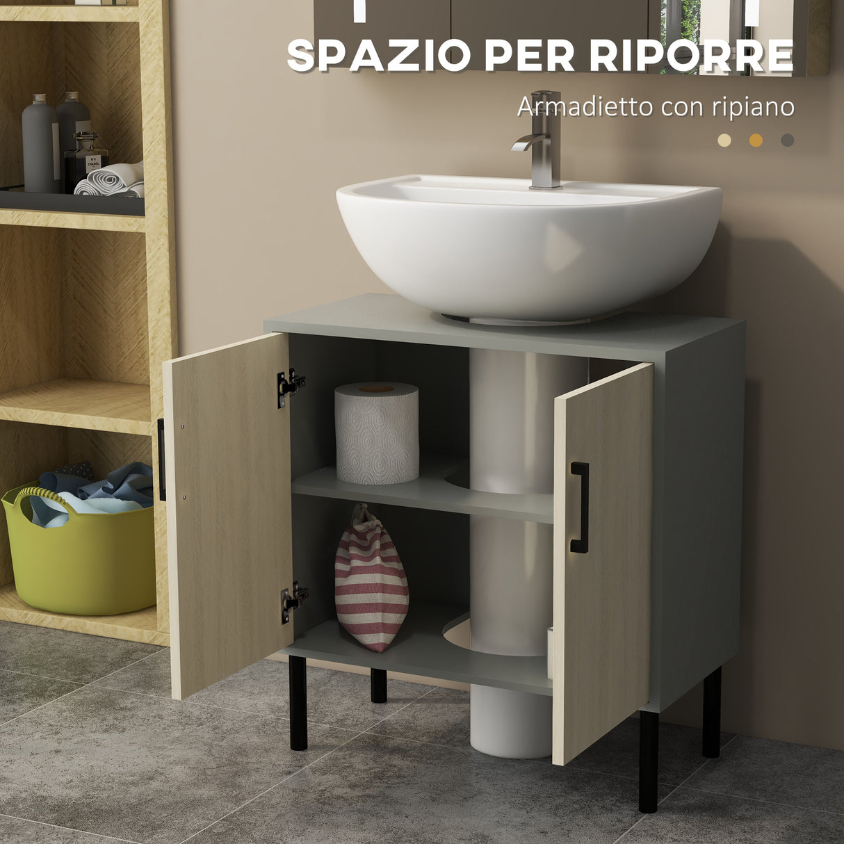 easycomfort easycomfort mobile bagno sottolavabo con doppia anta e ripiano in truciolato 60x30x60cm grigio e color quercia