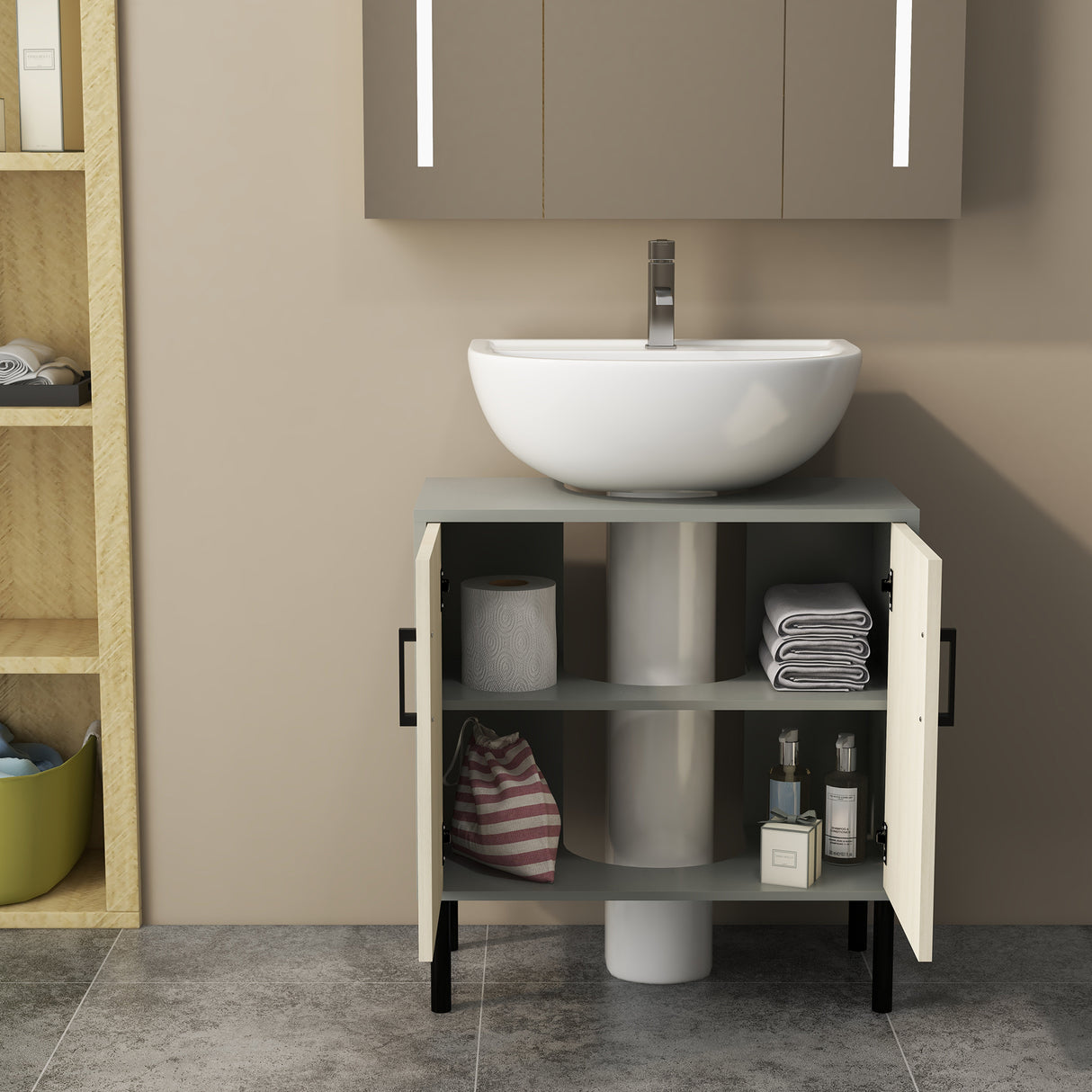 easycomfort easycomfort mobile bagno sottolavabo con doppia anta e ripiano in truciolato 60x30x60cm grigio e color quercia