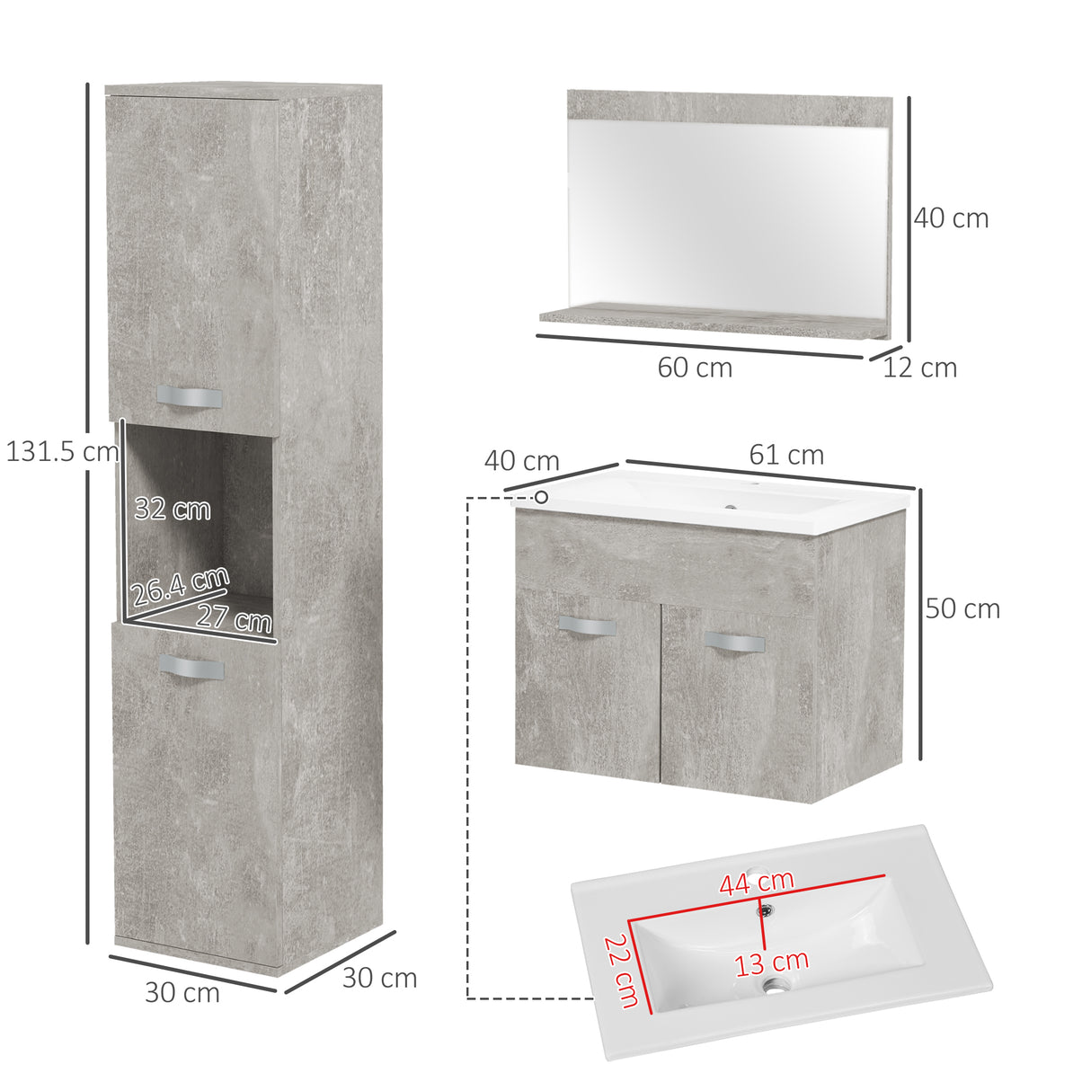 easycomfort easycomfort set mobili bagno con mobile lavabo 60cm e lavandino in ceramica colonna bagno e specchiera grigio
