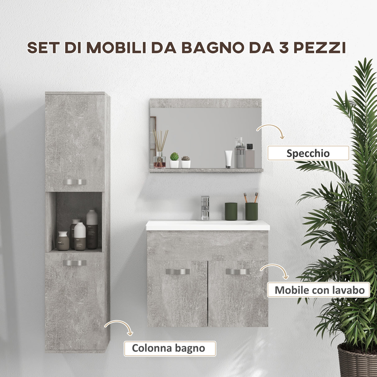 easycomfort easycomfort set mobili bagno con mobile lavabo 60cm e lavandino in ceramica colonna bagno e specchiera grigio
