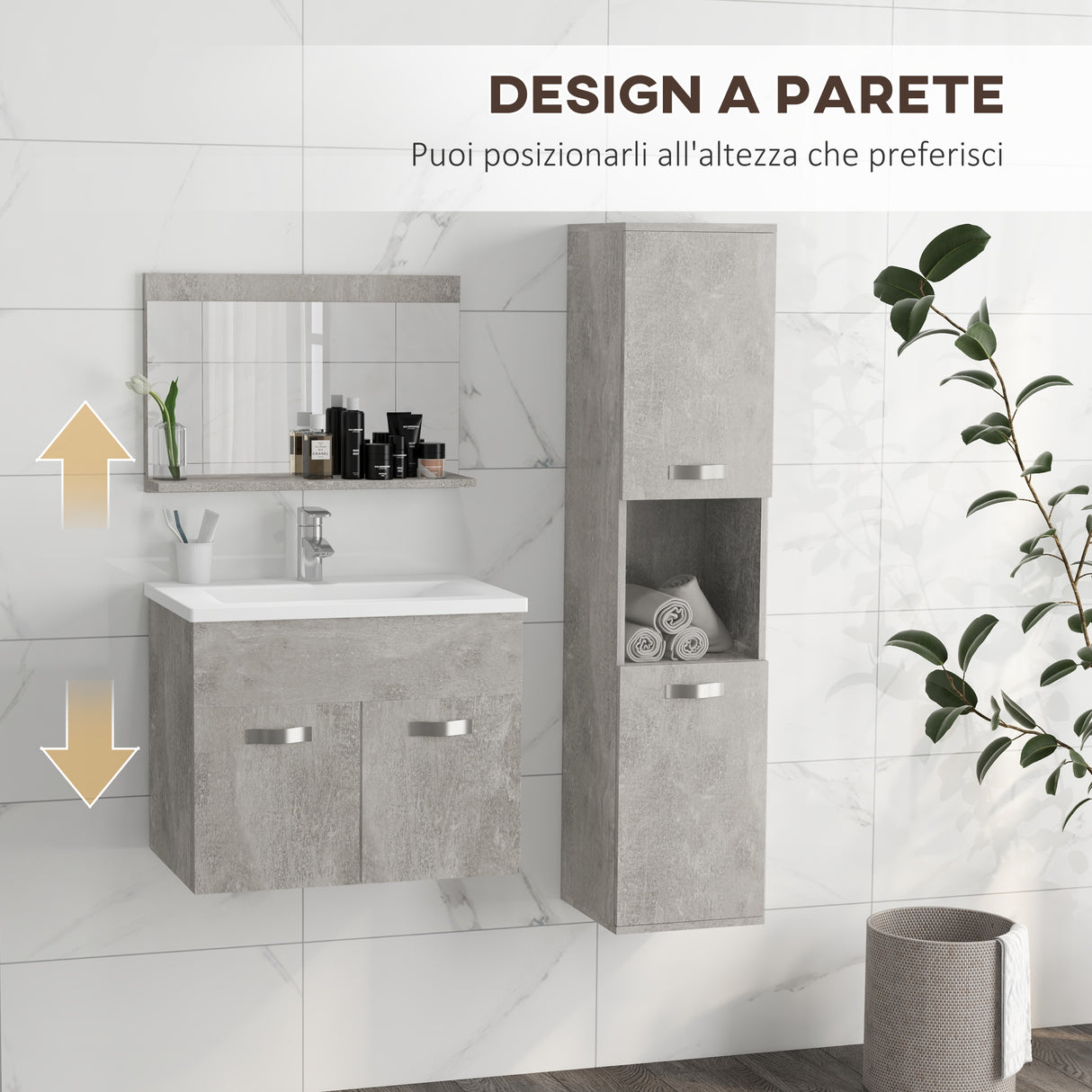 easycomfort easycomfort set mobili bagno con mobile lavabo 60cm e lavandino in ceramica colonna bagno e specchiera grigio