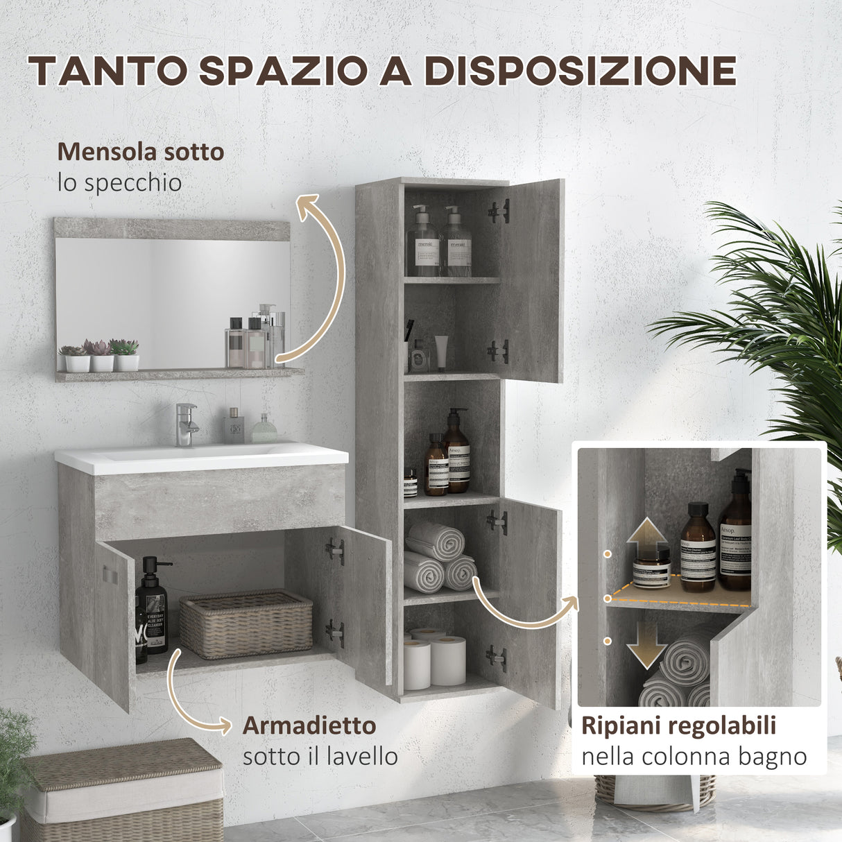 easycomfort easycomfort set mobili bagno con mobile lavabo 60cm e lavandino in ceramica colonna bagno e specchiera grigio