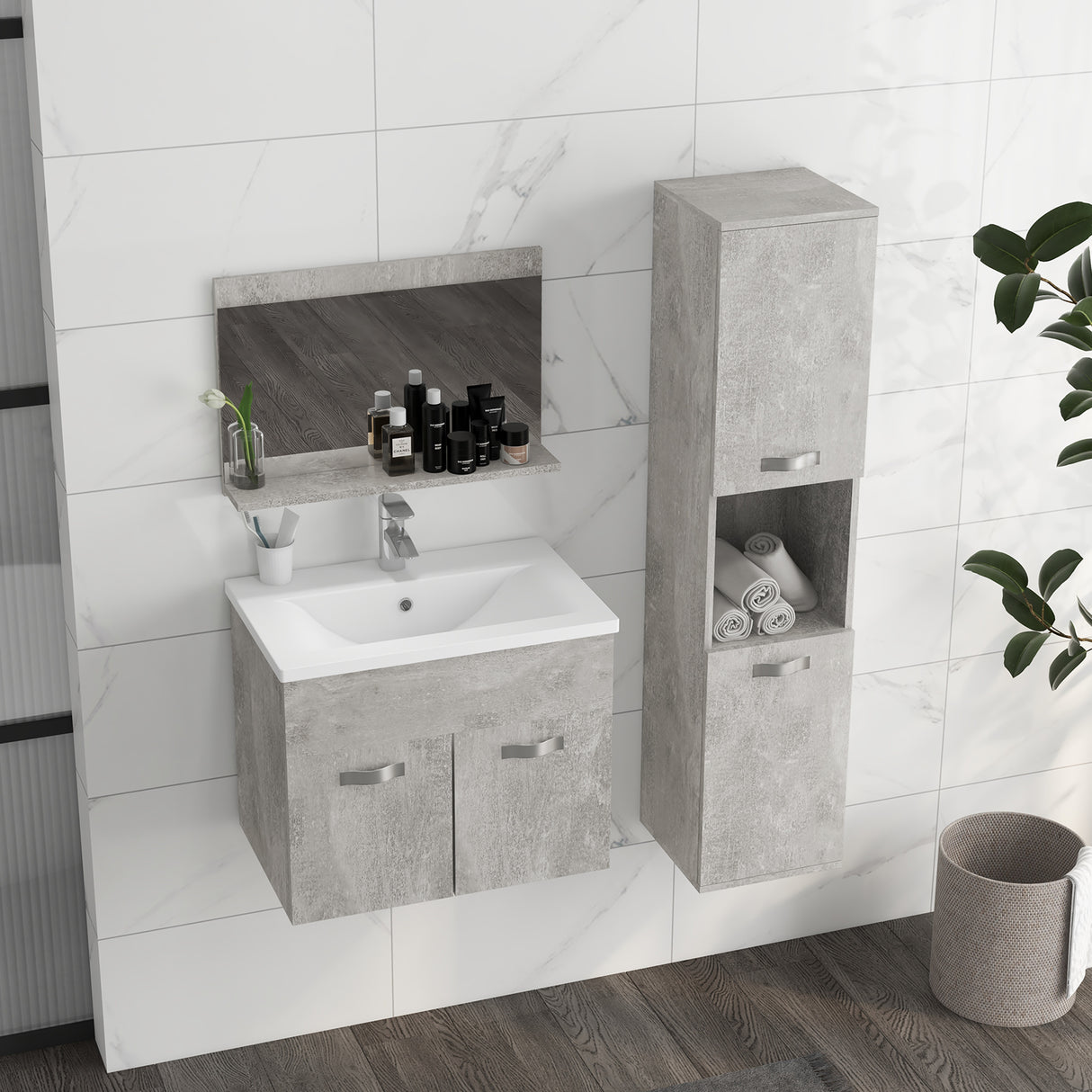 easycomfort easycomfort set mobili bagno con mobile lavabo 60cm e lavandino in ceramica colonna bagno e specchiera grigio