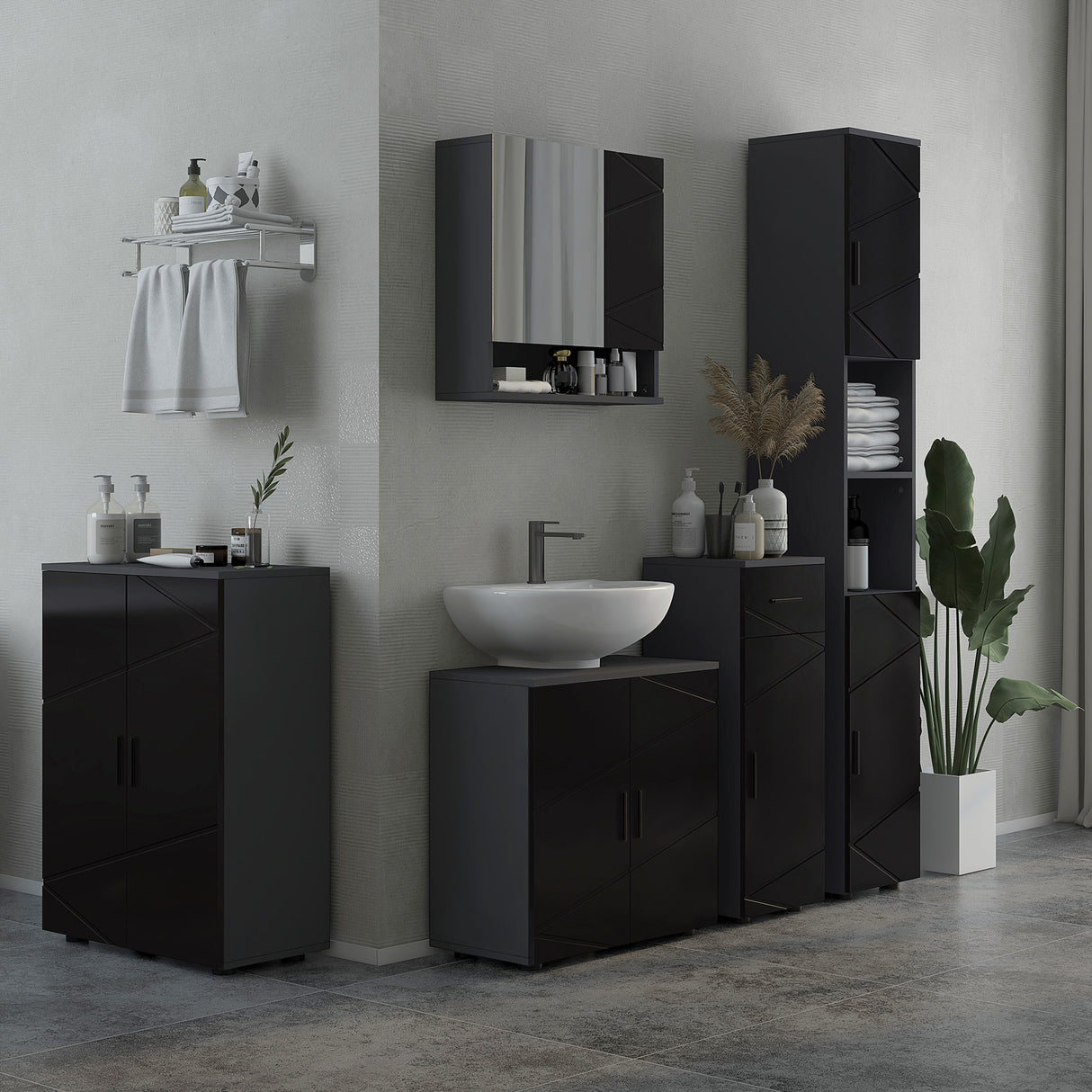 easycomfort easycomfort mobiletto bagno in truciolato con cassetto e armadietto a 2 livelli regolabili 30x30x82 cm nero e grigio