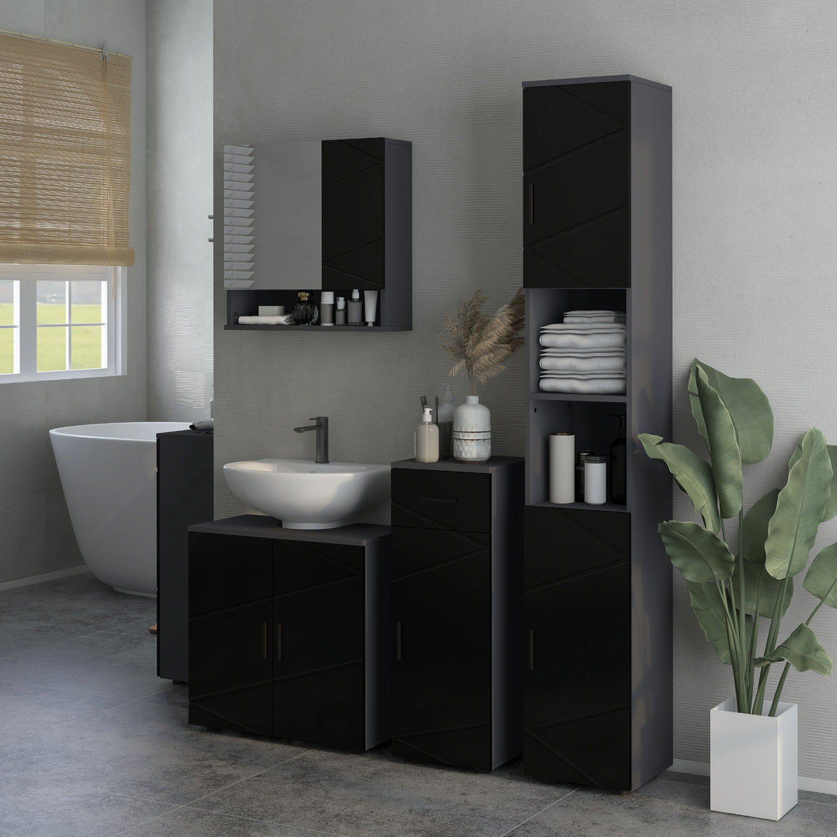 easycomfort easycomfort colonna bagno in truciolato con 2 ripiani aperti e 2 armadietti a 2 livelli 30x30x183 cm nero e grigio
