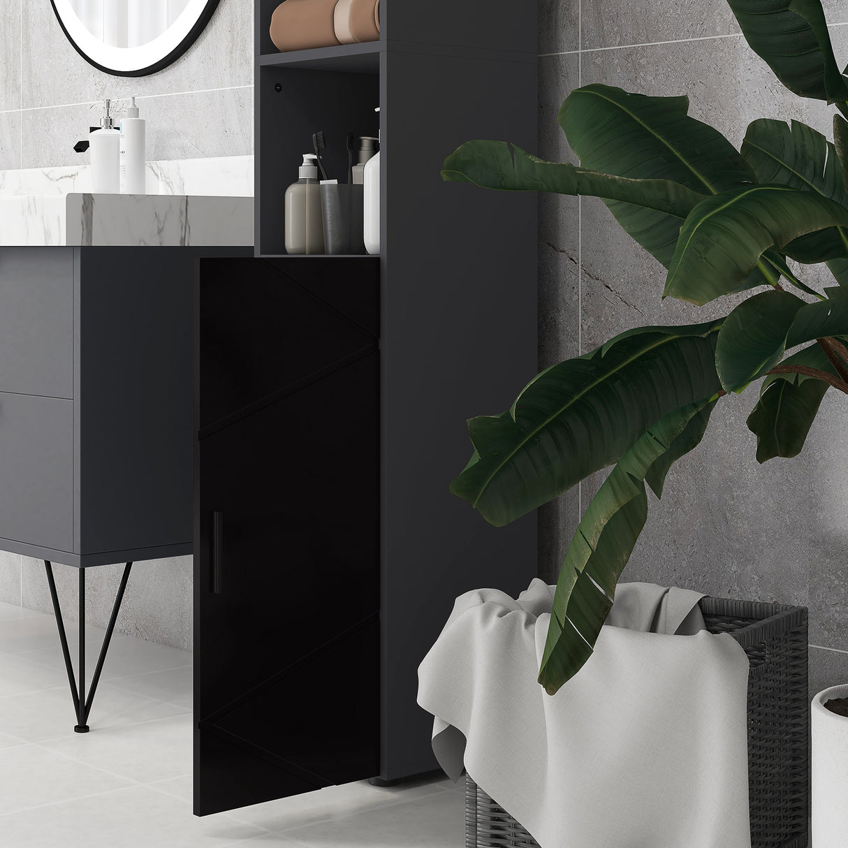 easycomfort easycomfort colonna bagno in truciolato con 2 ripiani aperti e 2 armadietti a 2 livelli 30x30x183 cm nero e grigio