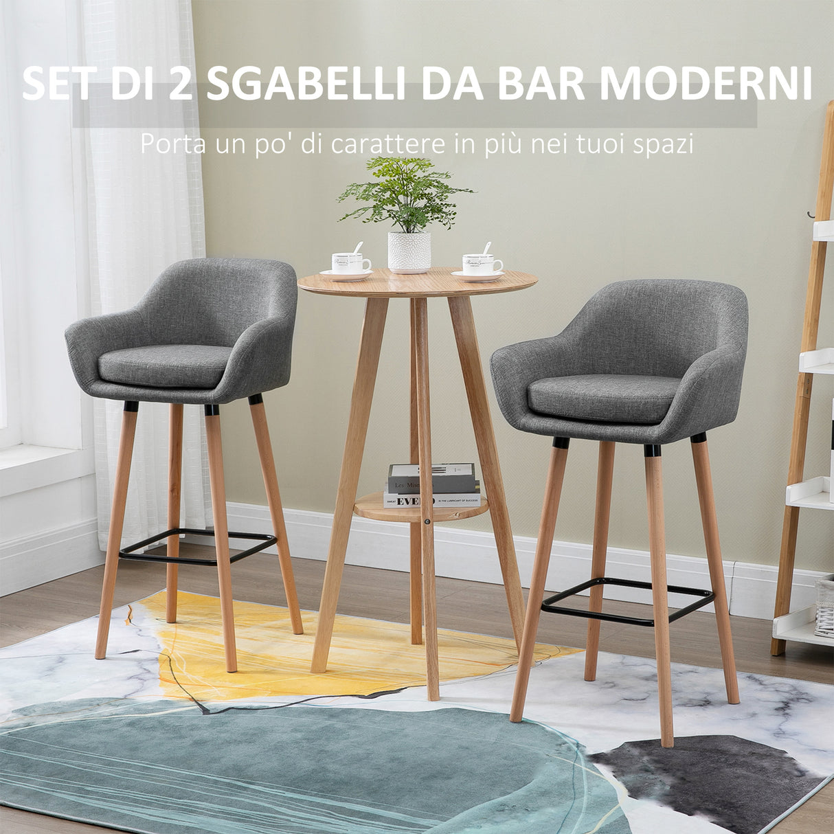 easycomfort easycomfort set di 2 sgabelli da bar moderni con cuscino gambe in legno e rivestimento in tessuto grigio