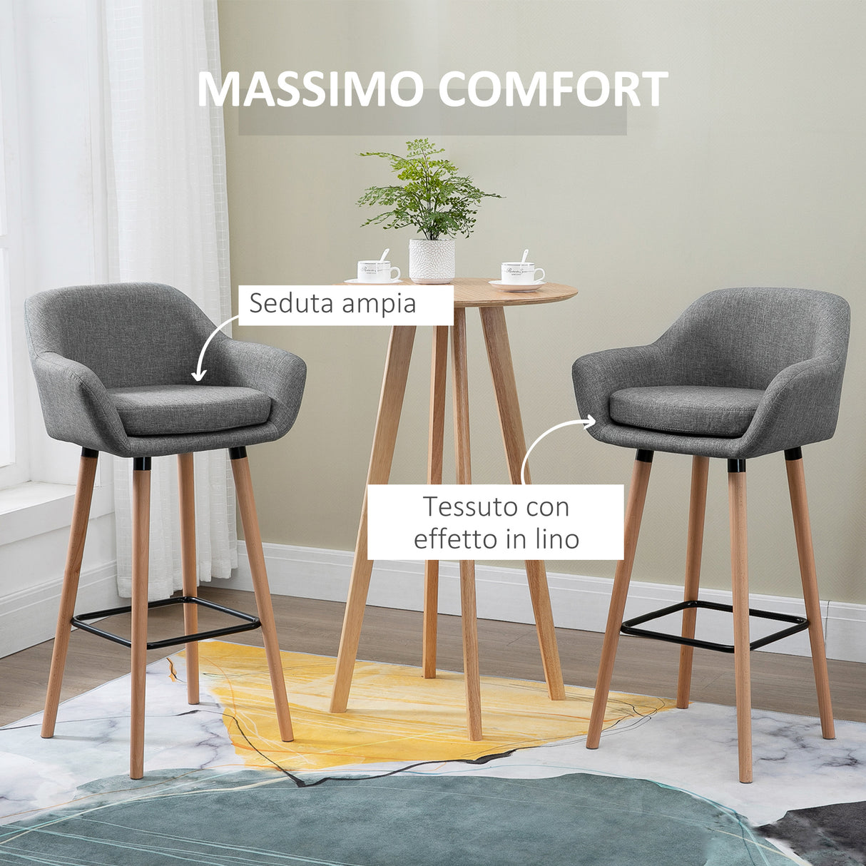 easycomfort easycomfort set di 2 sgabelli da bar moderni con cuscino gambe in legno e rivestimento in tessuto grigio