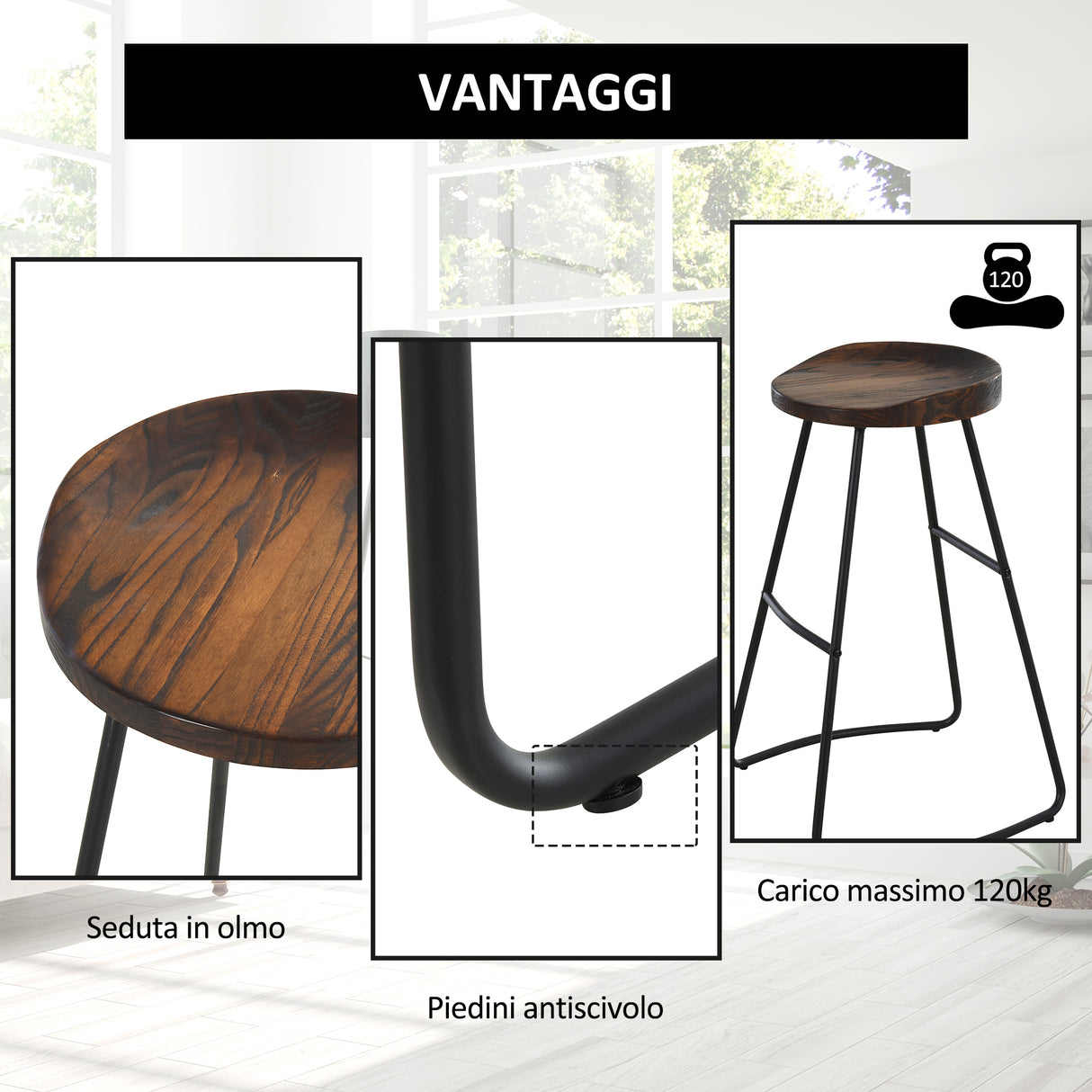 easycomfort easycomfort set 2 sgabelli alti da bar stile industriale in acciaio nero e legno ean 8055776915043