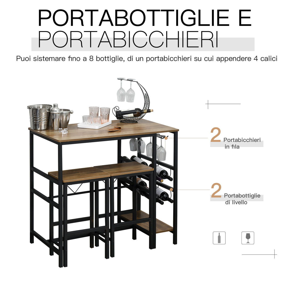easycomfort easycomfort set tavolo con 2 sgabelli alti da bar portabottiglie e portabicchieri in stile industriale ean 8055776914565