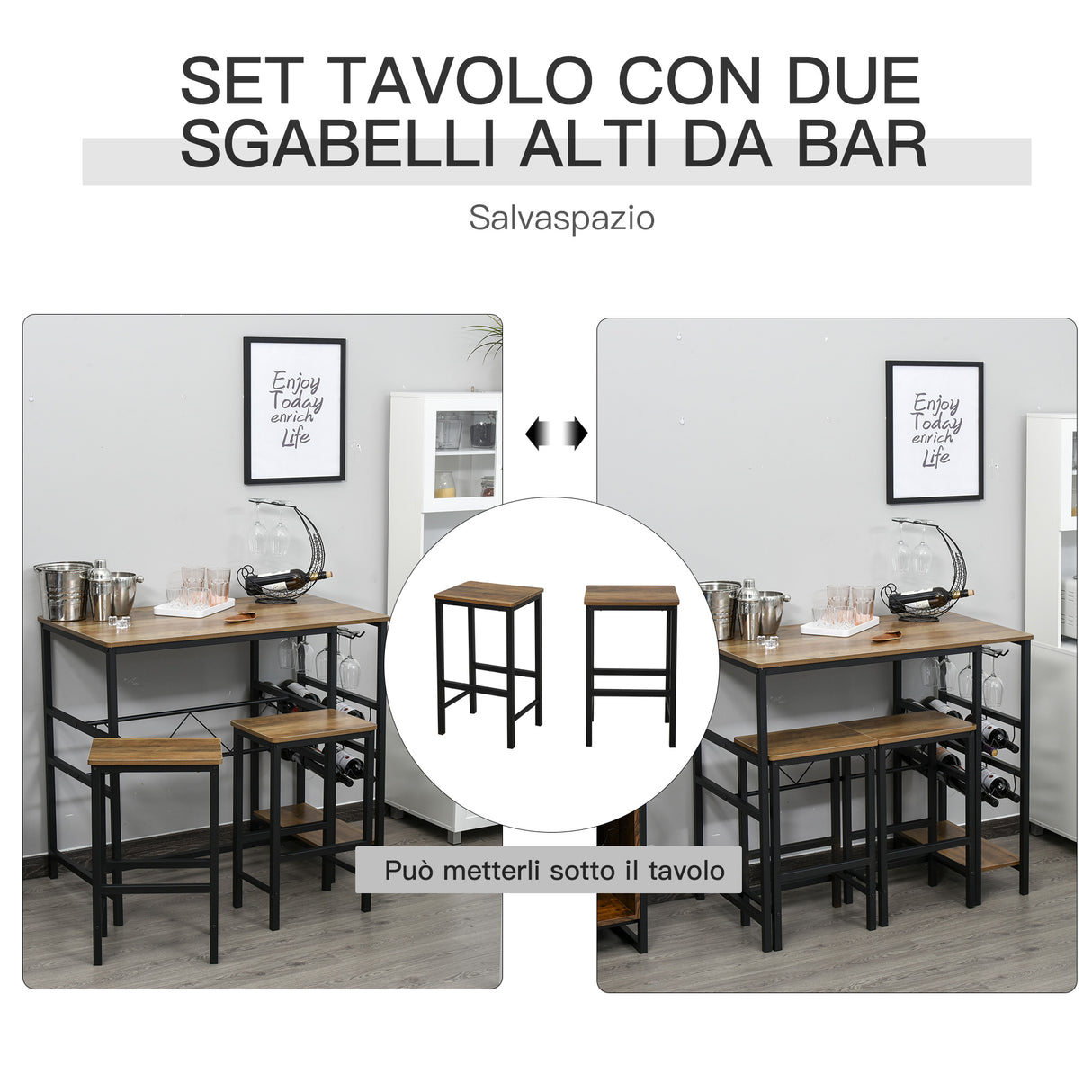 easycomfort easycomfort set tavolo con 2 sgabelli alti da bar portabottiglie e portabicchieri in stile industriale ean 8055776914565
