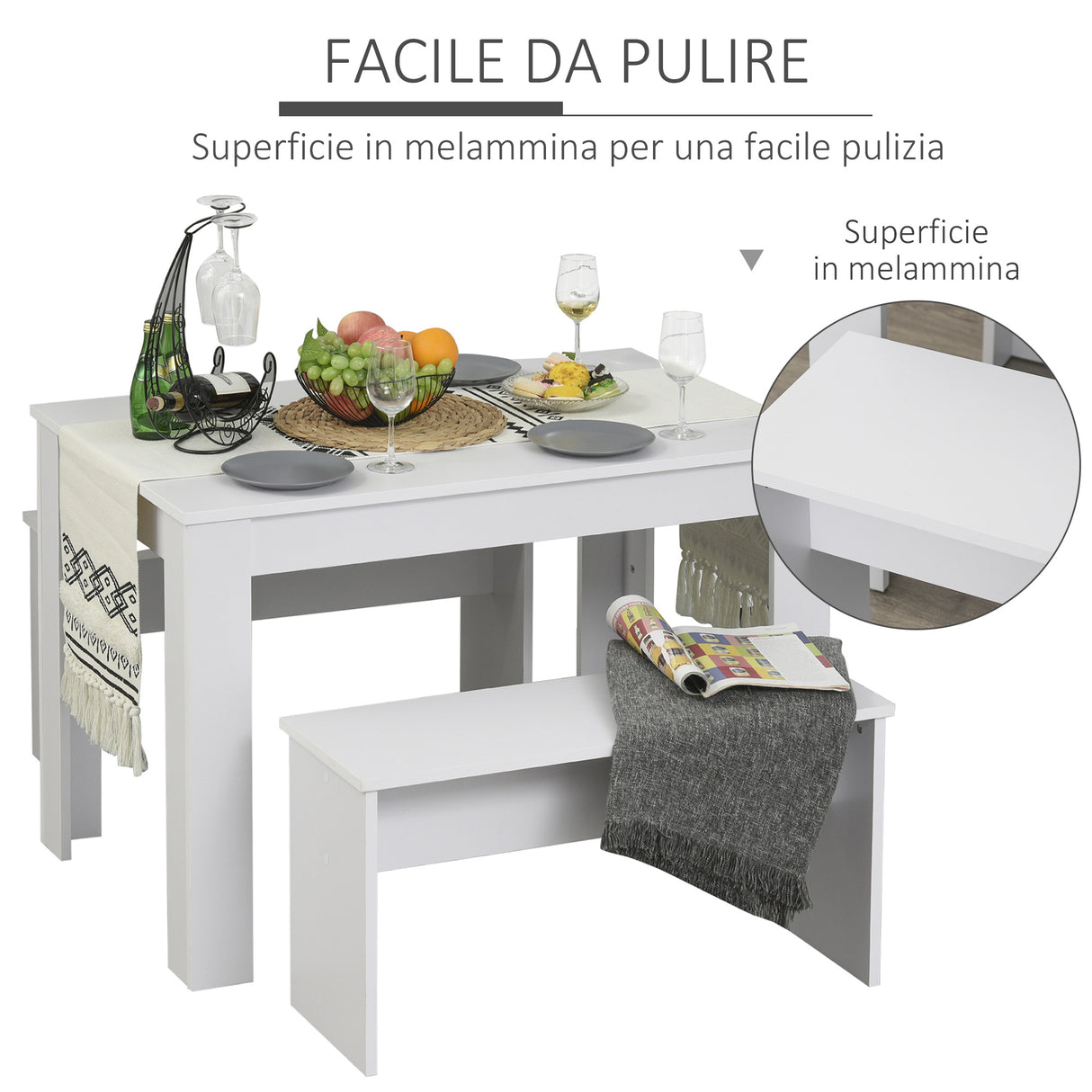 easycomfort easycomfort set da pranzo tavolino con 2 panche in stile moderno bianco 110 x 70 x 75cm