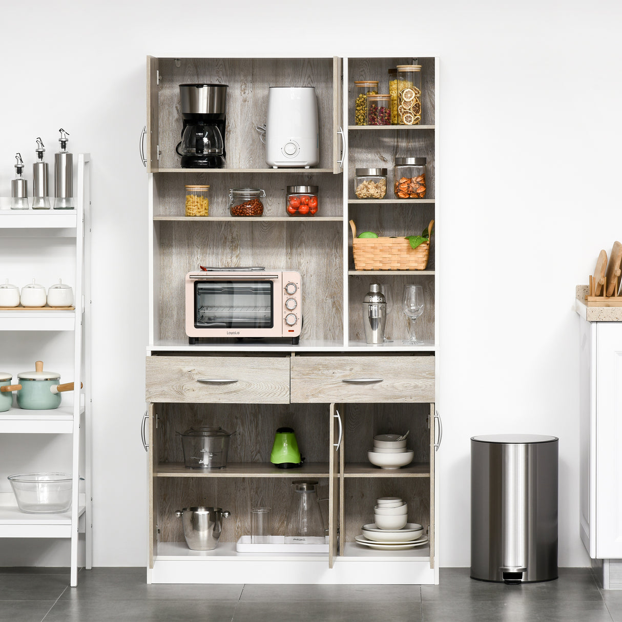 easycomfort easycomfort mobile buffet dispensa cucina bianco e legno ante cassetti vani aperti