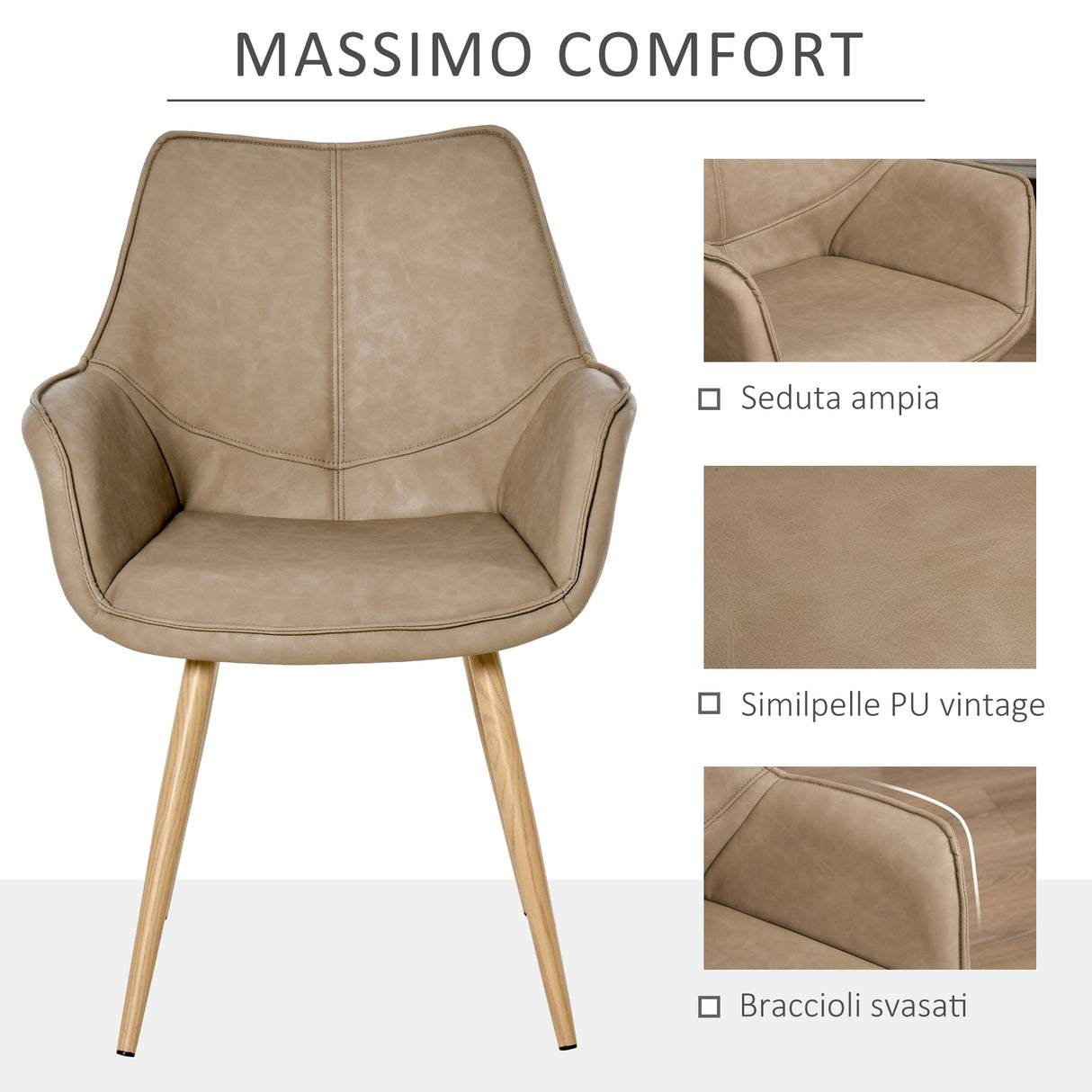 easycomfort easycomfort sedia moderna imbottita con braccioli rivestimento similpelle e gambe metallo effetto legno marrone