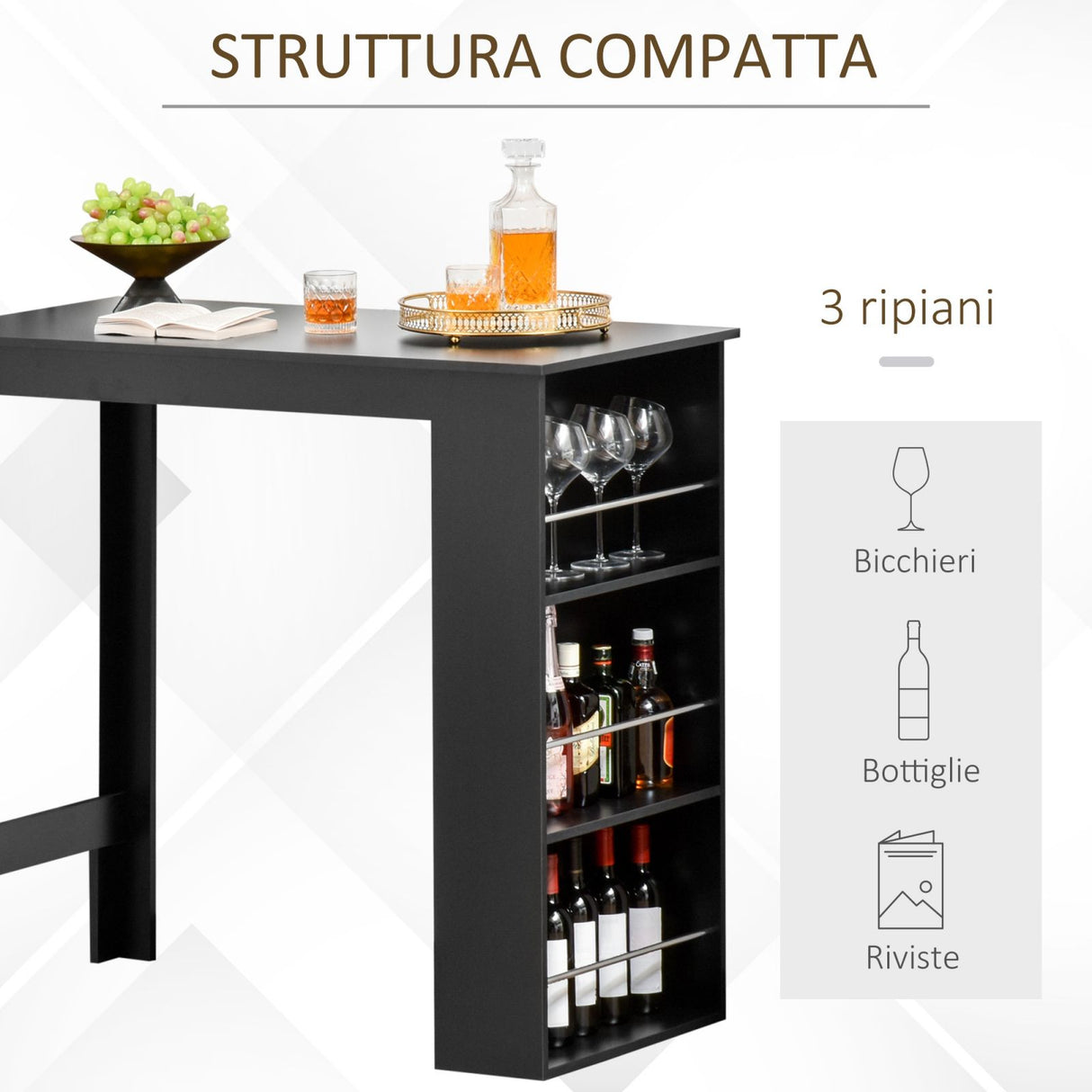 easycomfort easycomfort bancone da cucina tavolo alto con 3 mensole in legno 112x57x106cm nero