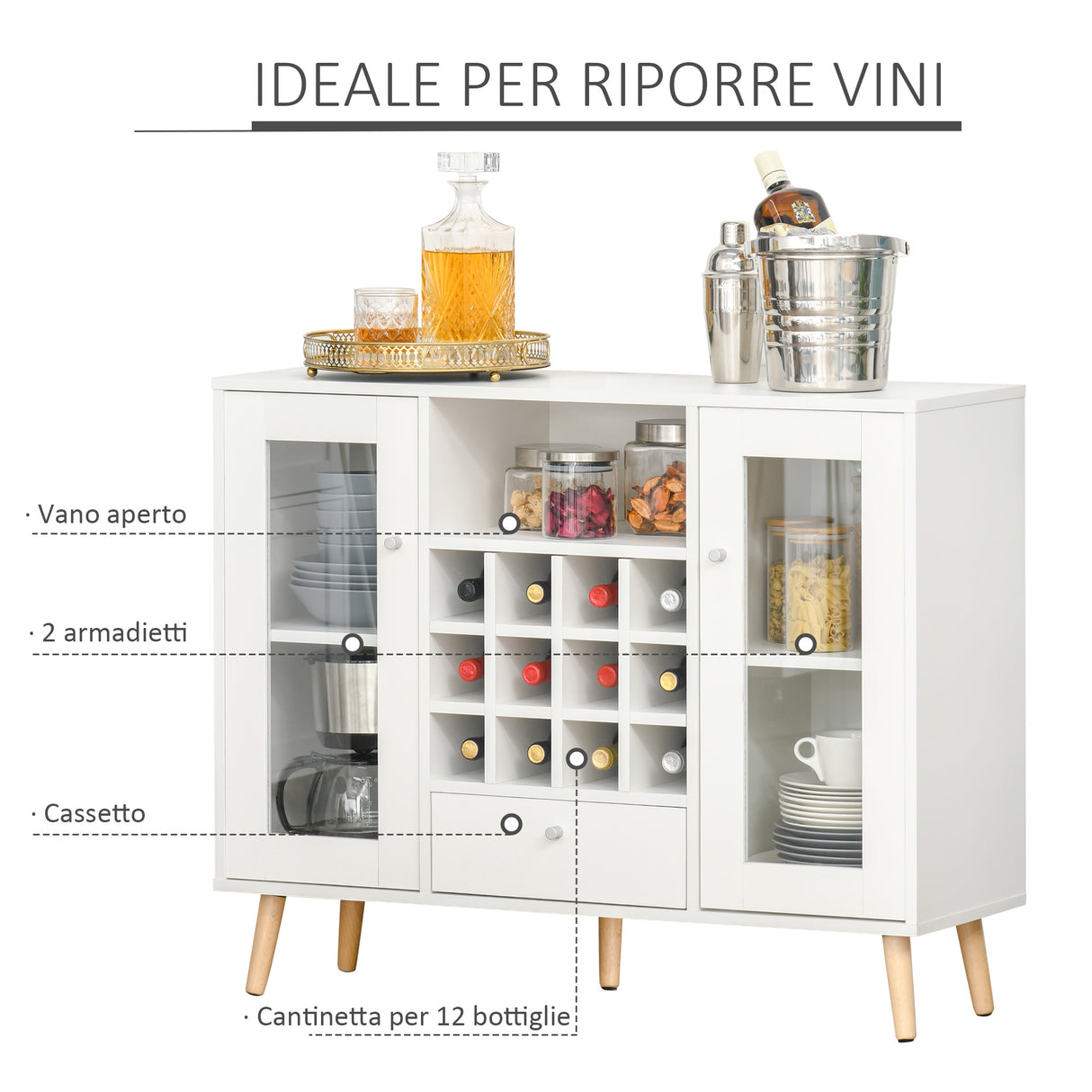 easycomfort easycomfort credenza con cantinetta vini 12 bottiglie cassetto e armadietti in legno 100x33x80cm bianco