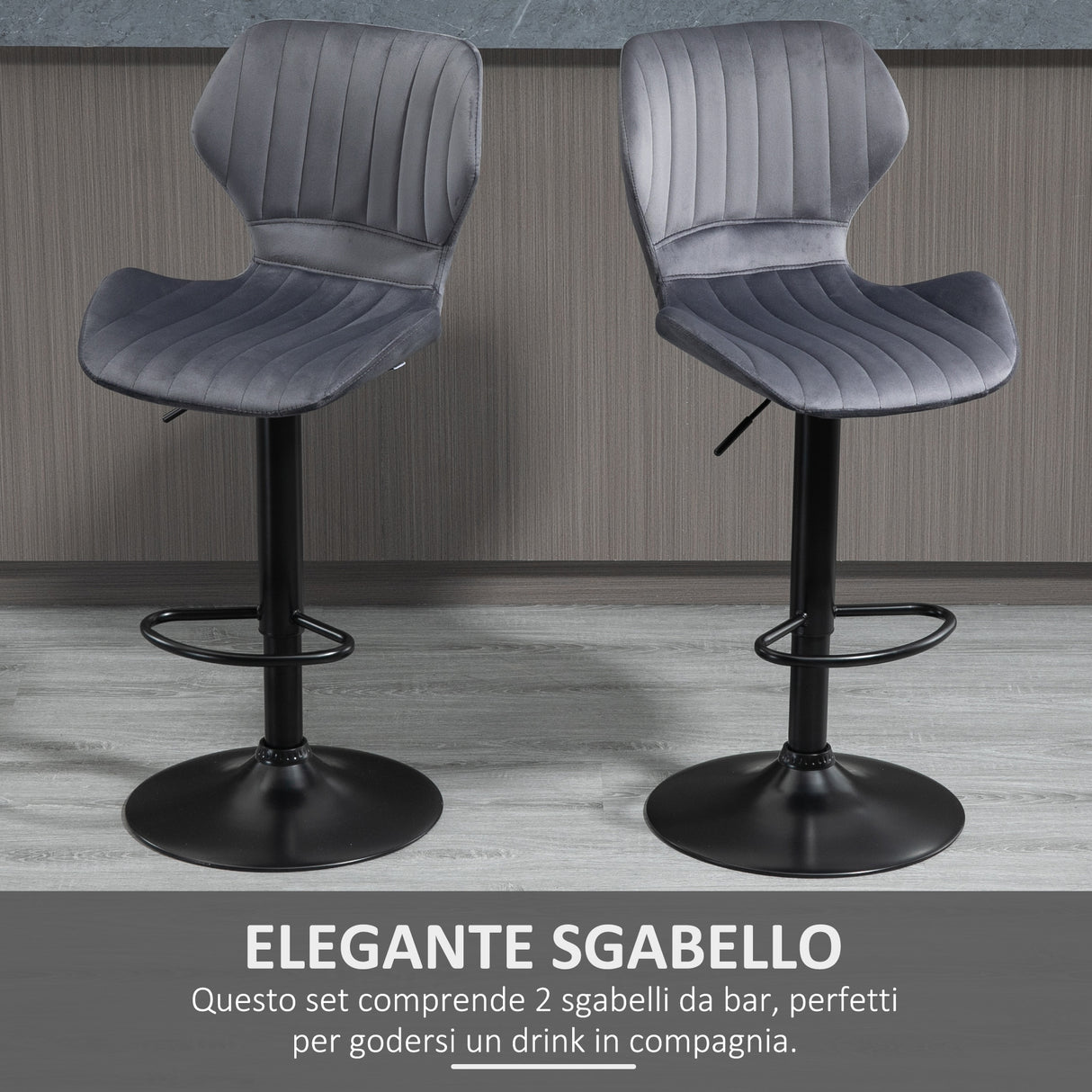 easycomfort easycomfort set 2 sgabelli da bar effetto velluto girevoli con altezza regolabile e poggiapiedi grigio
