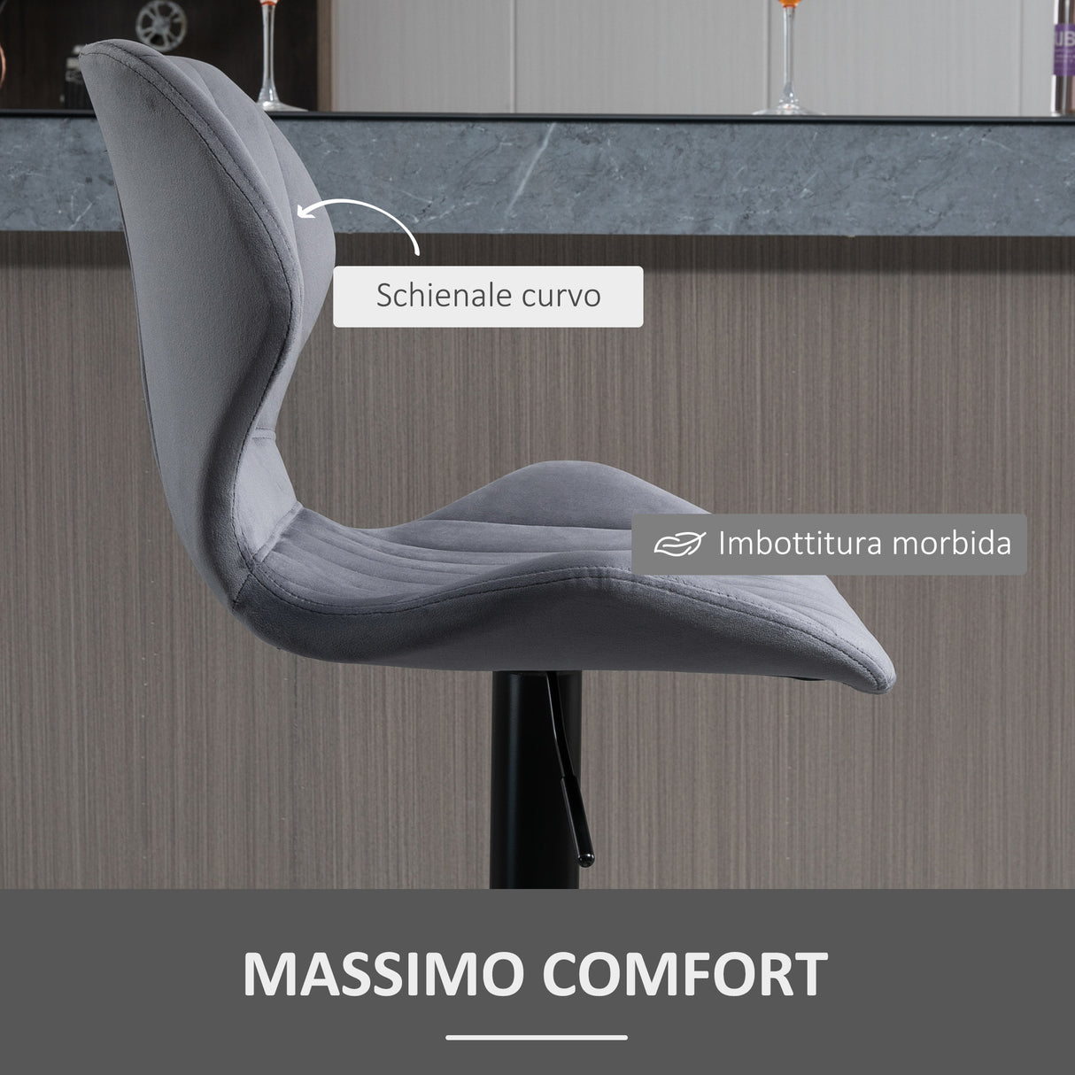 easycomfort easycomfort set 2 sgabelli da bar effetto velluto girevoli con altezza regolabile e poggiapiedi grigio