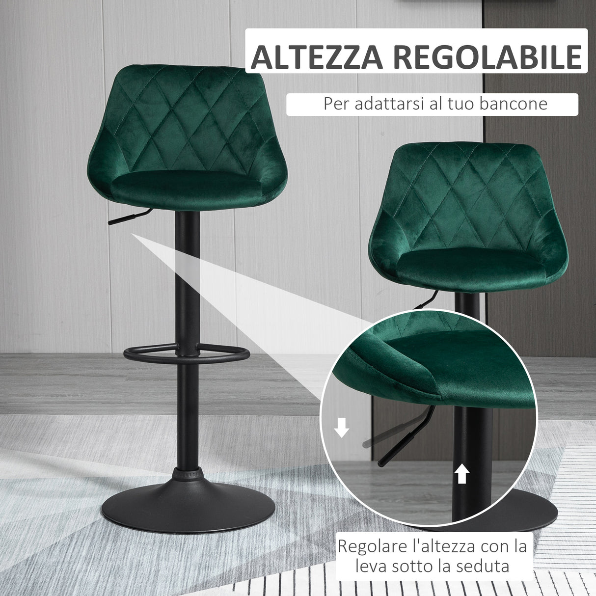 easycomfort easycomfort set 2 sgabelli da bar di design girevoli con altezza regolabile rivestimento effetto velluto verde