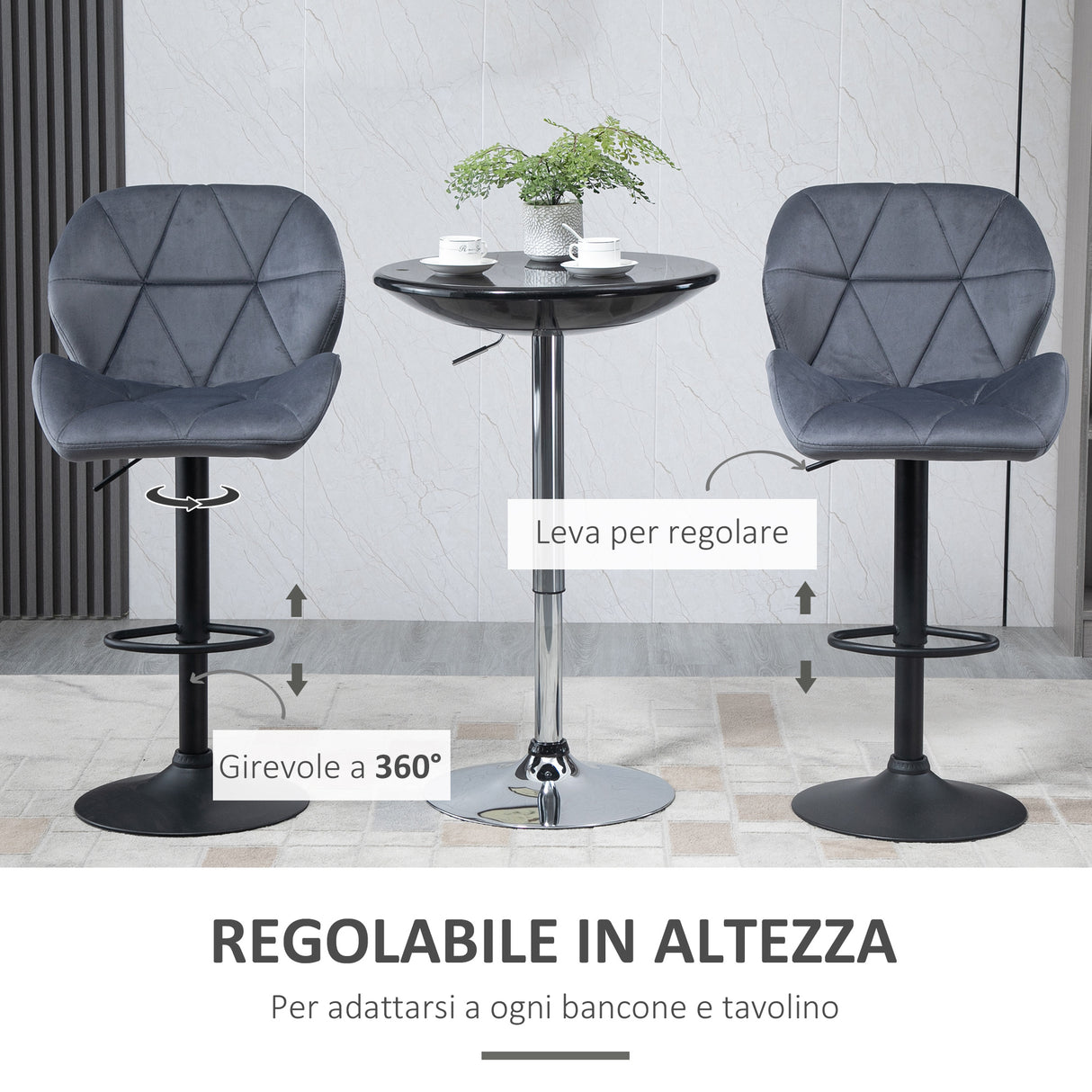 easycomfort easycomfort set 2 sgabelli da bar girevoli con altezza regolabile rivestimento velluto e base rotonda grigio