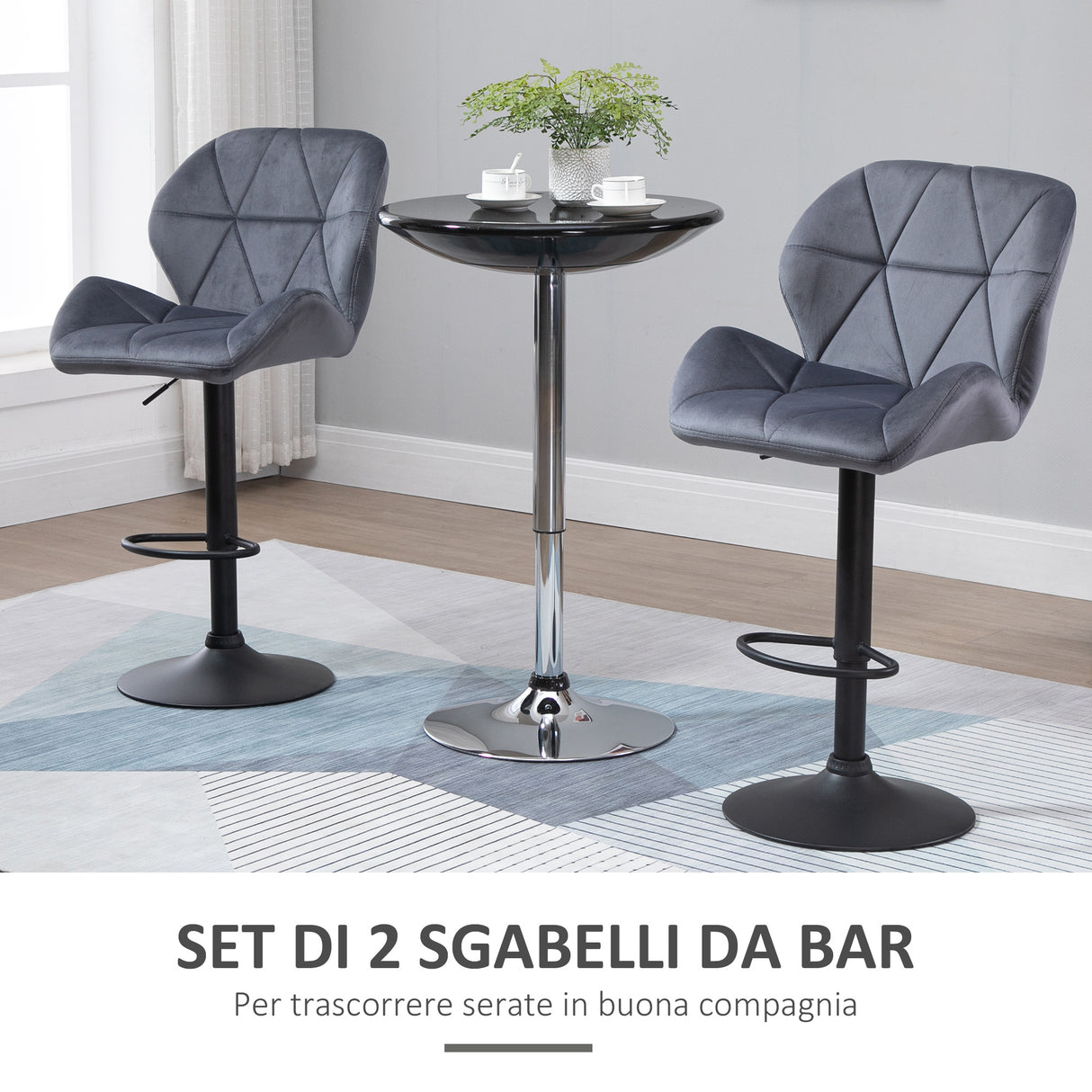 easycomfort easycomfort set 2 sgabelli da bar girevoli con altezza regolabile rivestimento velluto e base rotonda grigio