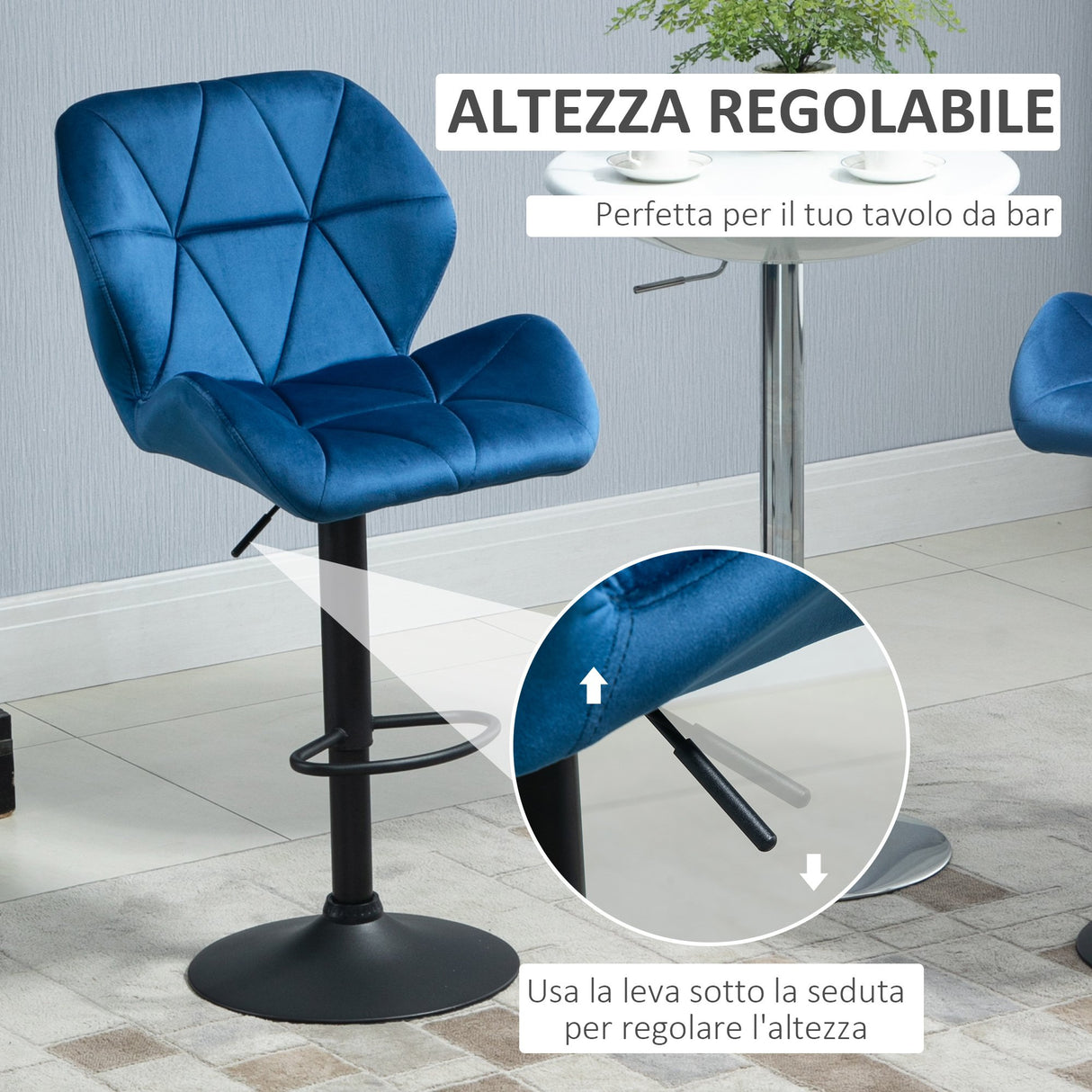 easycomfort easycomfort set 2 sgabelli da bar girevoli con altezza regolabile rivestimento velluto e base rotonda blu