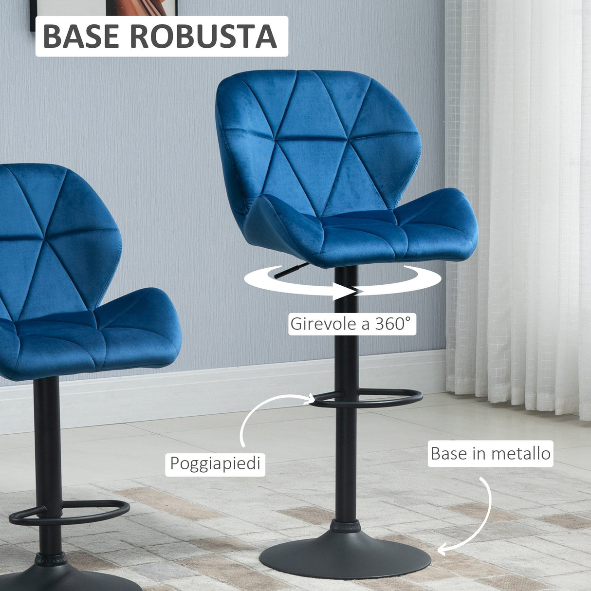 easycomfort easycomfort set 2 sgabelli da bar girevoli con altezza regolabile rivestimento velluto e base rotonda blu