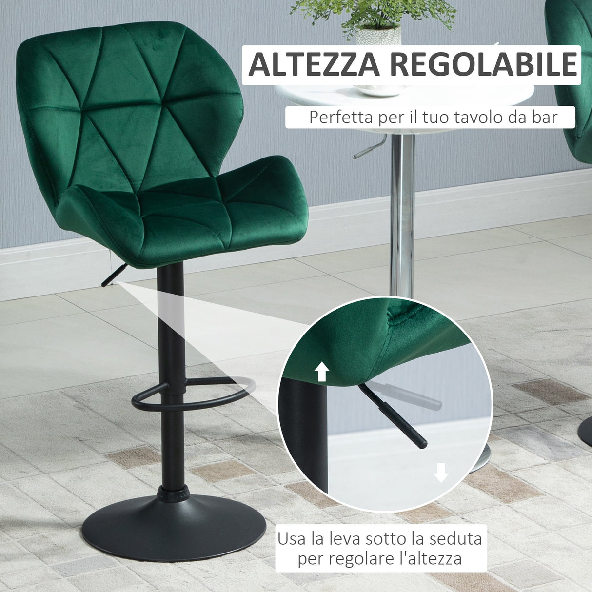 easycomfort easycomfort set 2 sgabelli da bar girevoli con altezza regolabile rivestimento velluto e base rotonda verde