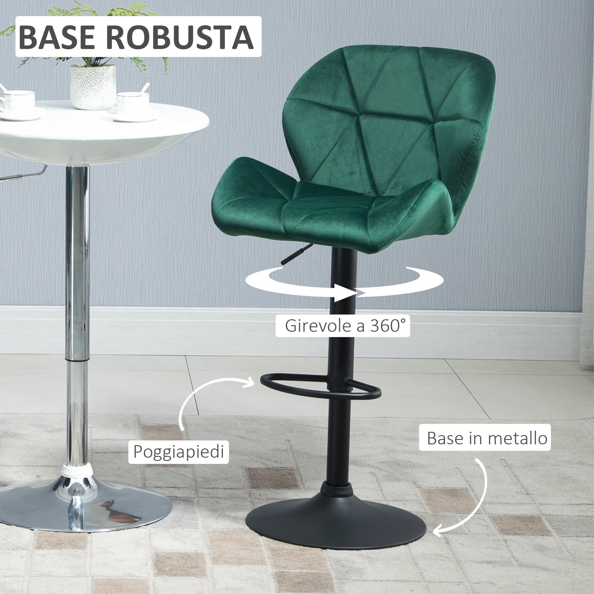 easycomfort easycomfort set 2 sgabelli da bar girevoli con altezza regolabile rivestimento velluto e base rotonda verde