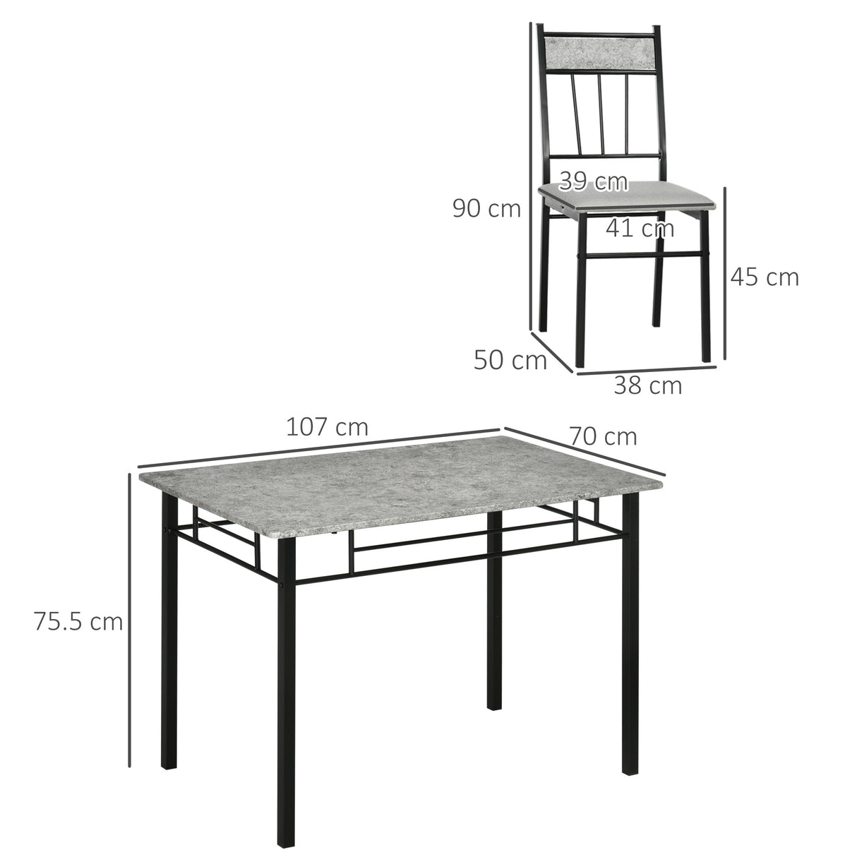 easycomfort easycomfort set tavolo e sedie 5pz tavolo da pranzo rettangolare in metallo e mdf e 4 sedie da pranzo grigio e nero
