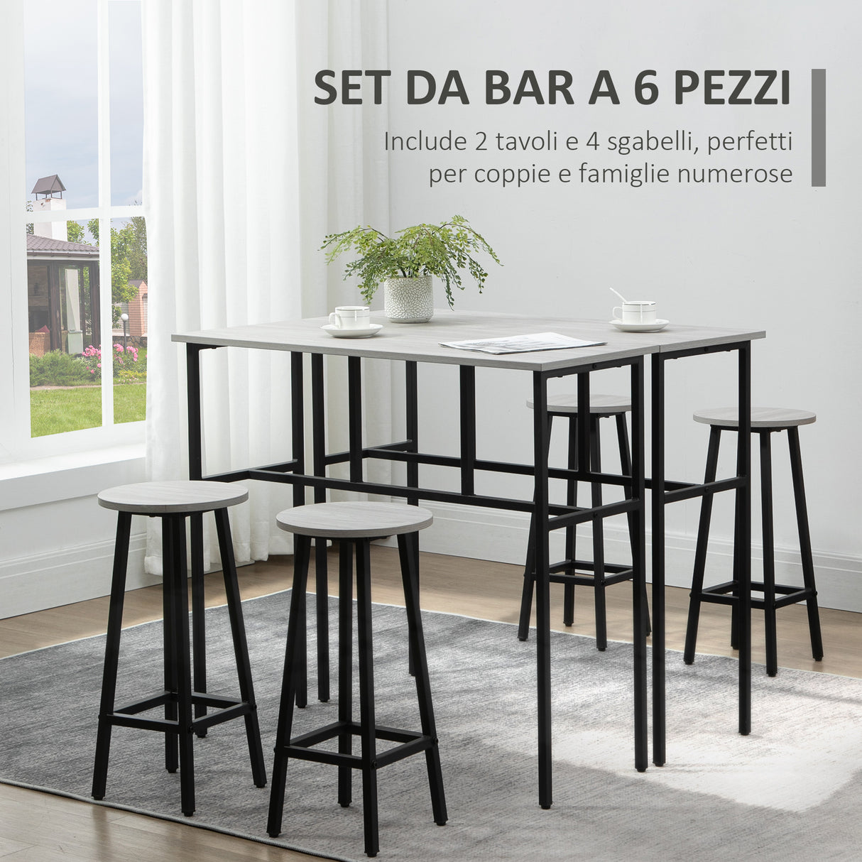 easycomfort easycomfort set da bar 6 pezzi con 4 sgabelli da bar e 2 tavoli alti in legno truciolato e acciaio per cucina e soggiorno grigio