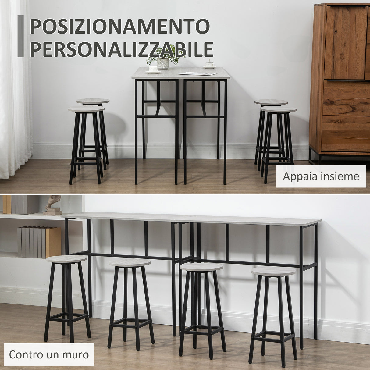 easycomfort easycomfort set da bar 6 pezzi con 4 sgabelli da bar e 2 tavoli alti in legno truciolato e acciaio per cucina e soggiorno grigio
