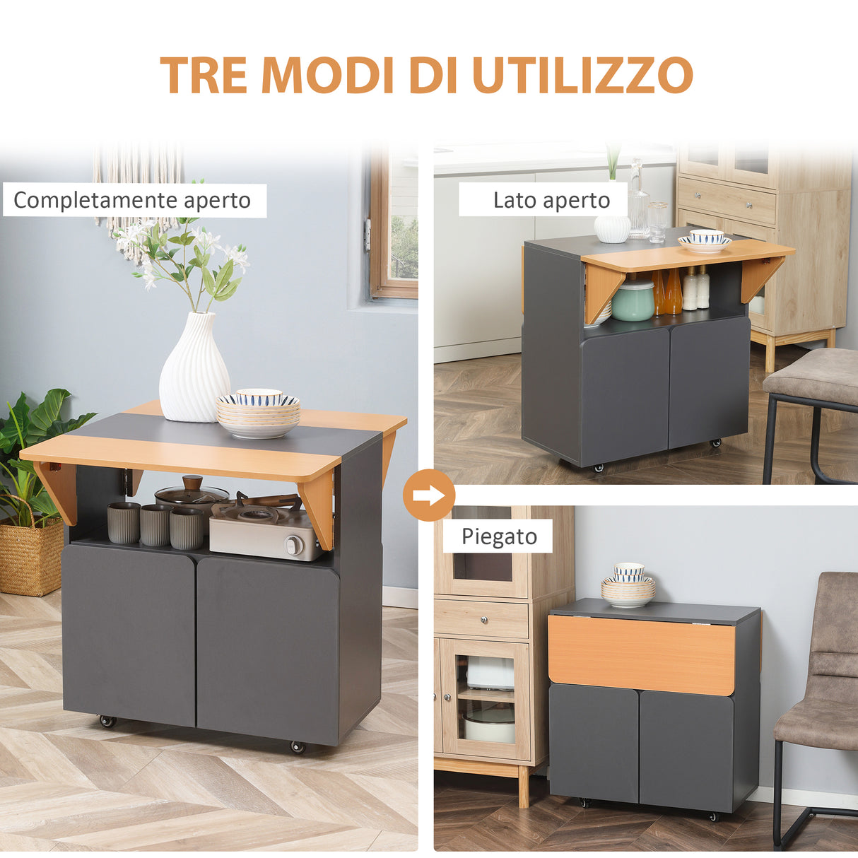 easycomfort easycomfort tavolo pieghevole salvaspazio per 4 persone max con 4 ruote ripiano nascosto e armadietto con ante 70x83x75 cm