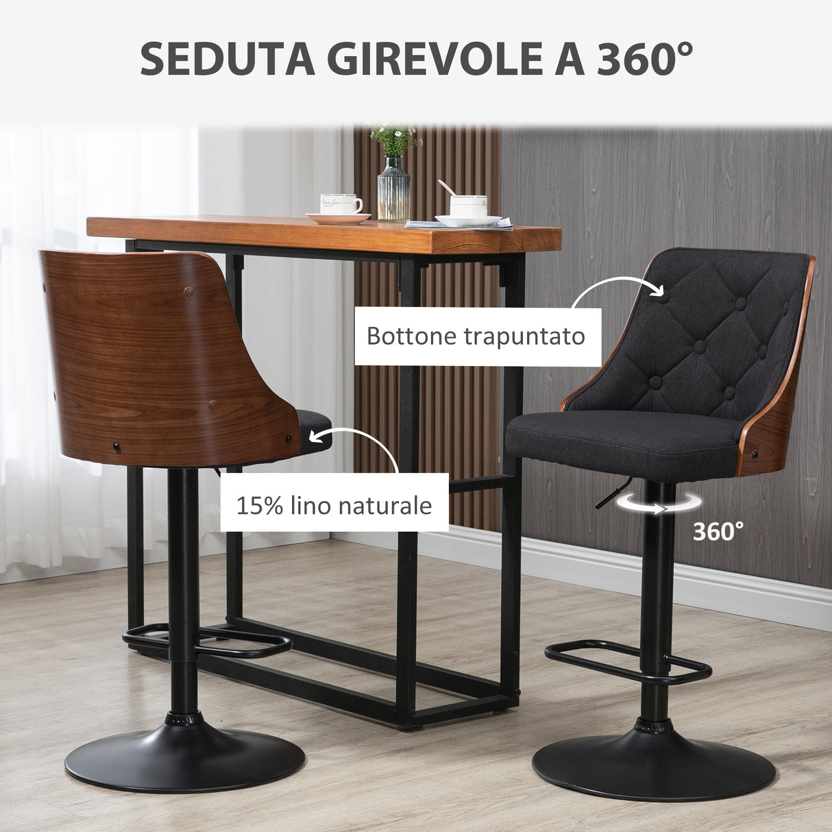 easycomfort easycomfort set 2 sgabelli da bar girevoli ad altezza regolabile per cucina e soggiorno 47 5x50x93 5 116 cm nero e noce