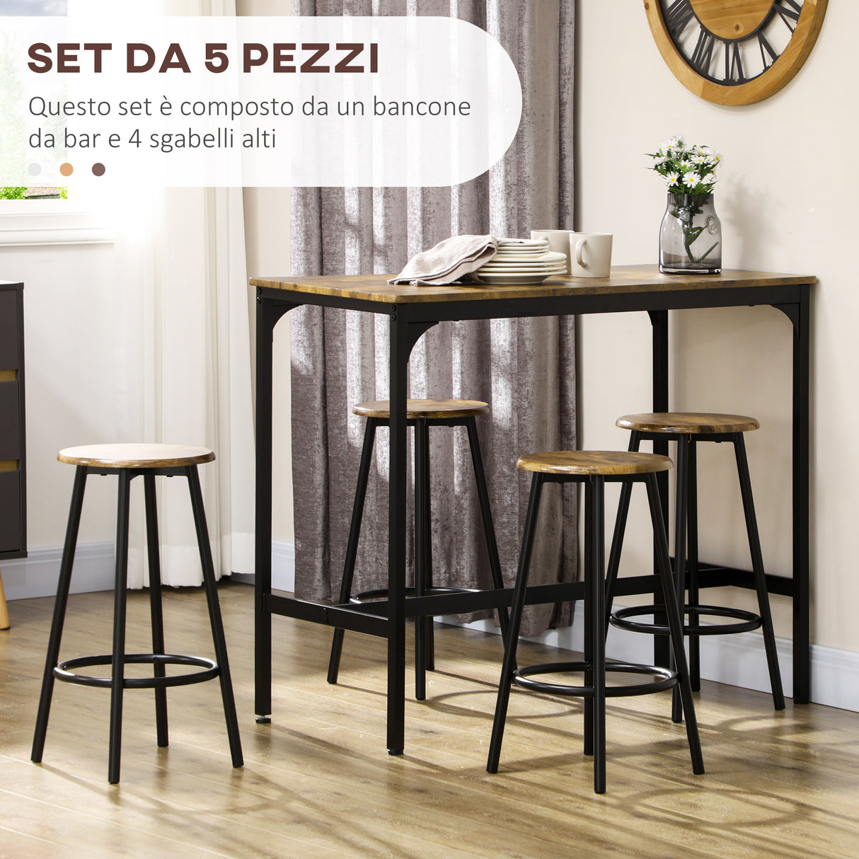 easycomfort easycomfort set da bar 5 pezzi con tavolo alto e 4 sgabelli stile industriale marrone e nero