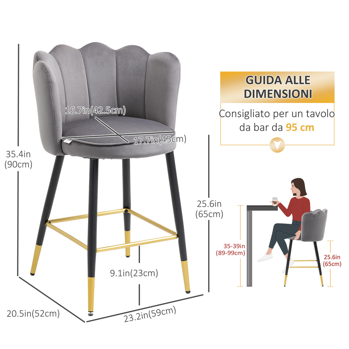 easycomfort easycomfort set da 2 sgabelli da bar vellutati con poggiapiedi e base in acciaio 59x52x90cm grigio