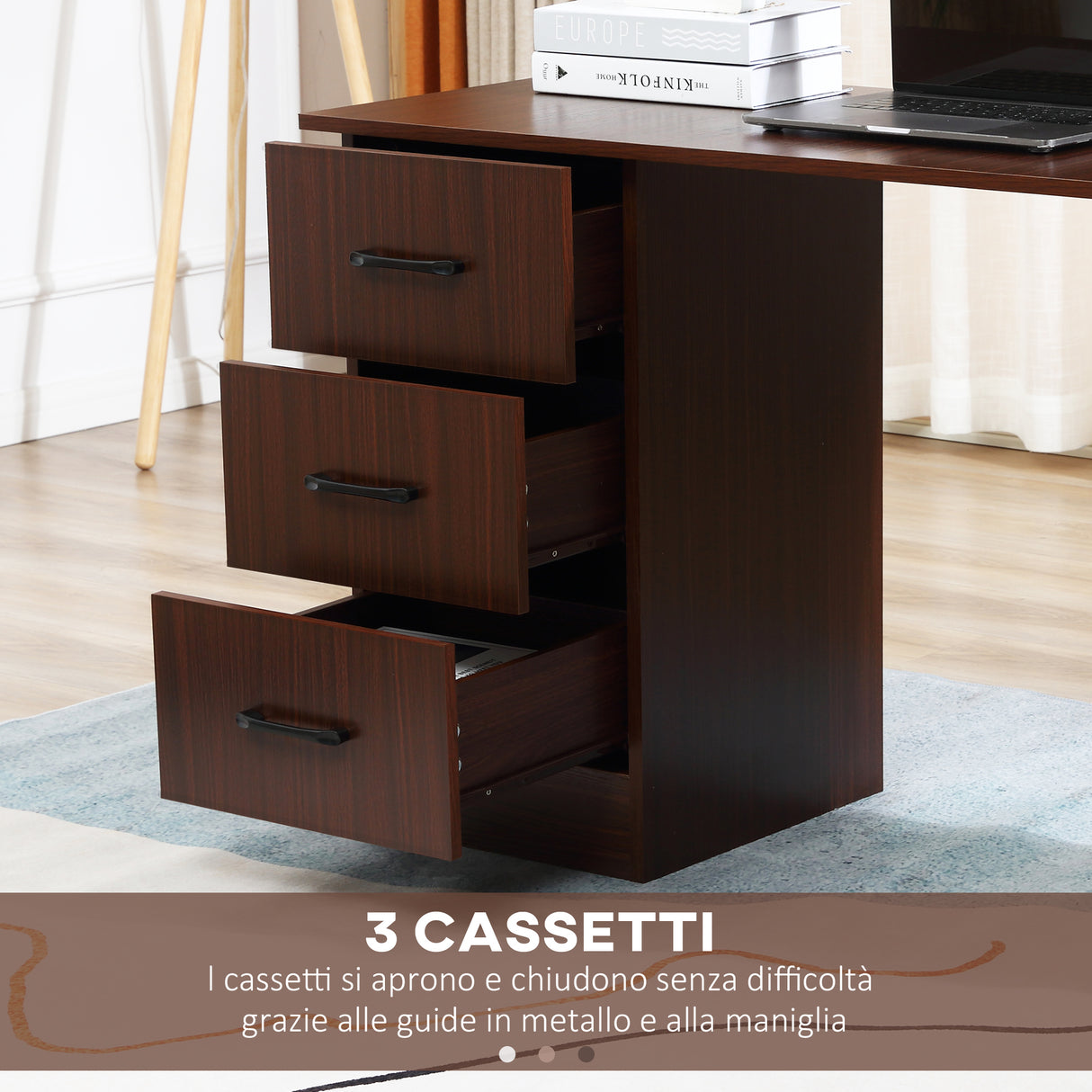 easycomfort easycomfort scrivania ufficio con 3 cassetti e 3 ripiani reversibili in legno 120x49x72cm noce